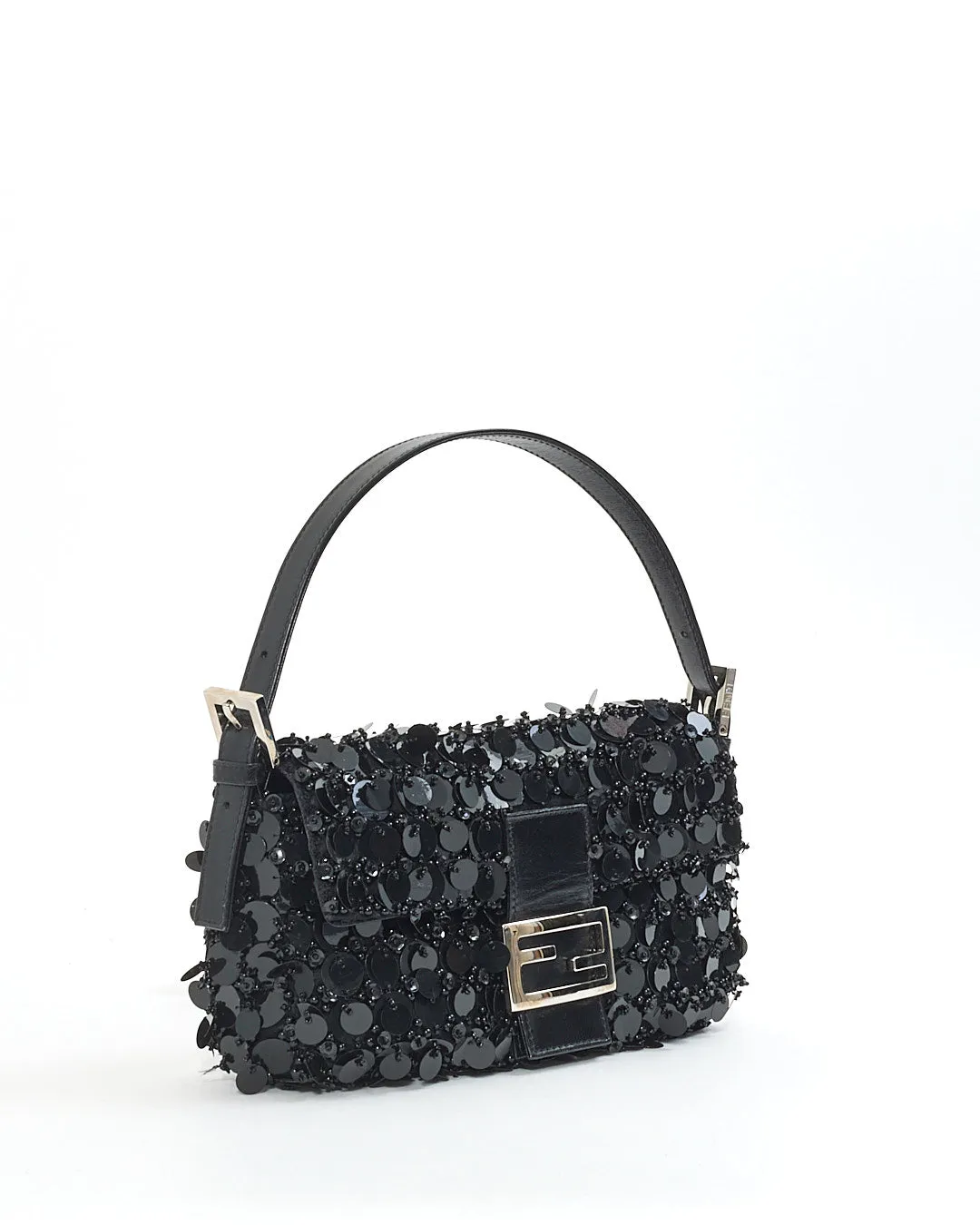 Fendi Vintage Black Sequin/Beaded Baguette Shoulder Bag