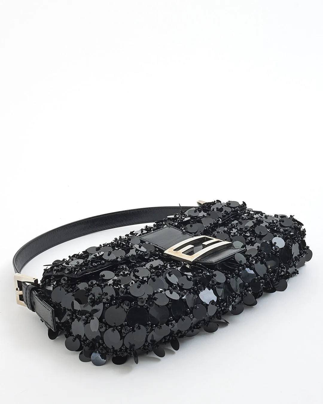 Fendi Vintage Black Sequin/Beaded Baguette Shoulder Bag