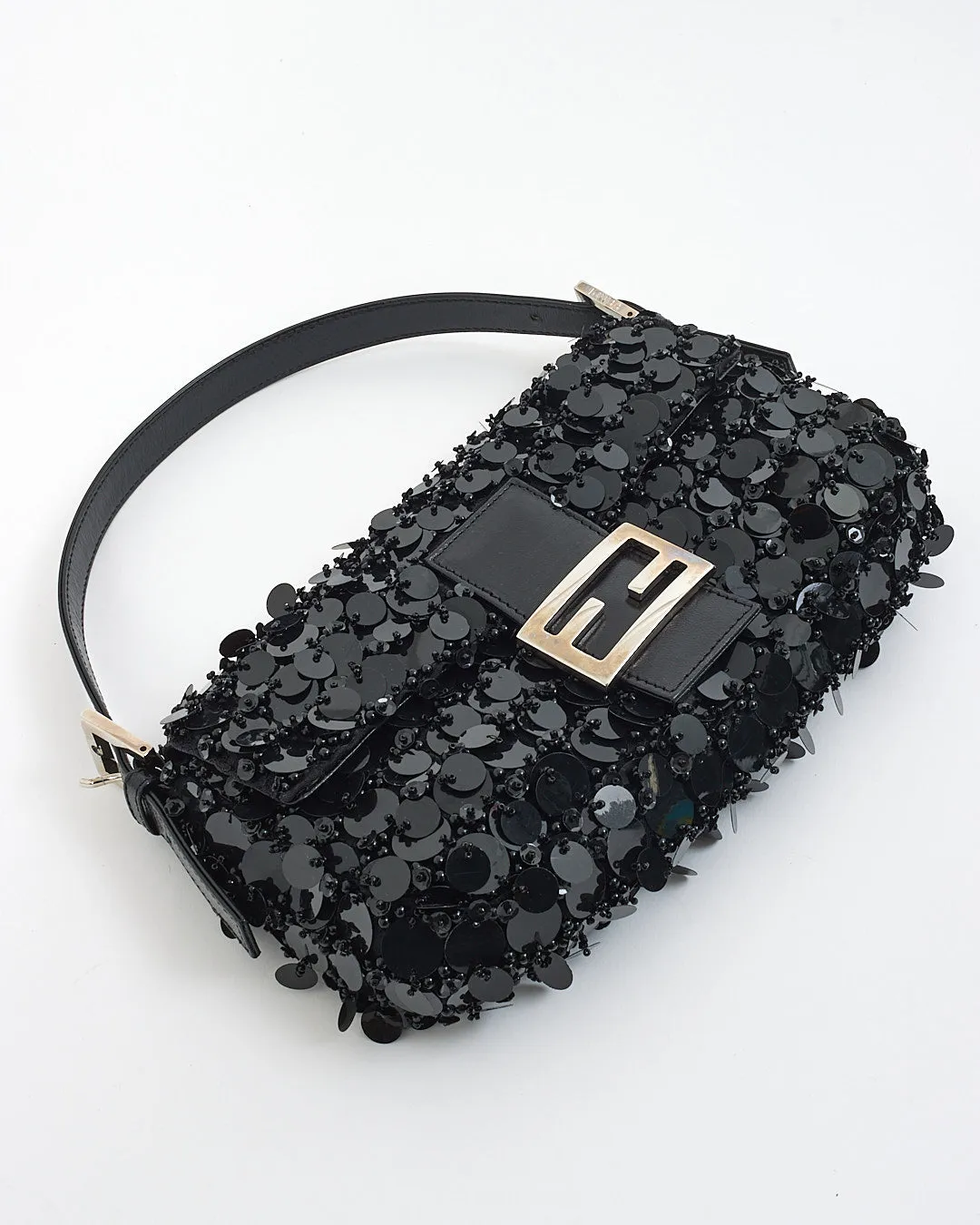 Fendi Vintage Black Sequin/Beaded Baguette Shoulder Bag