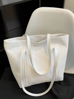 Geometric Embossed Shoulder Tote Bag - White