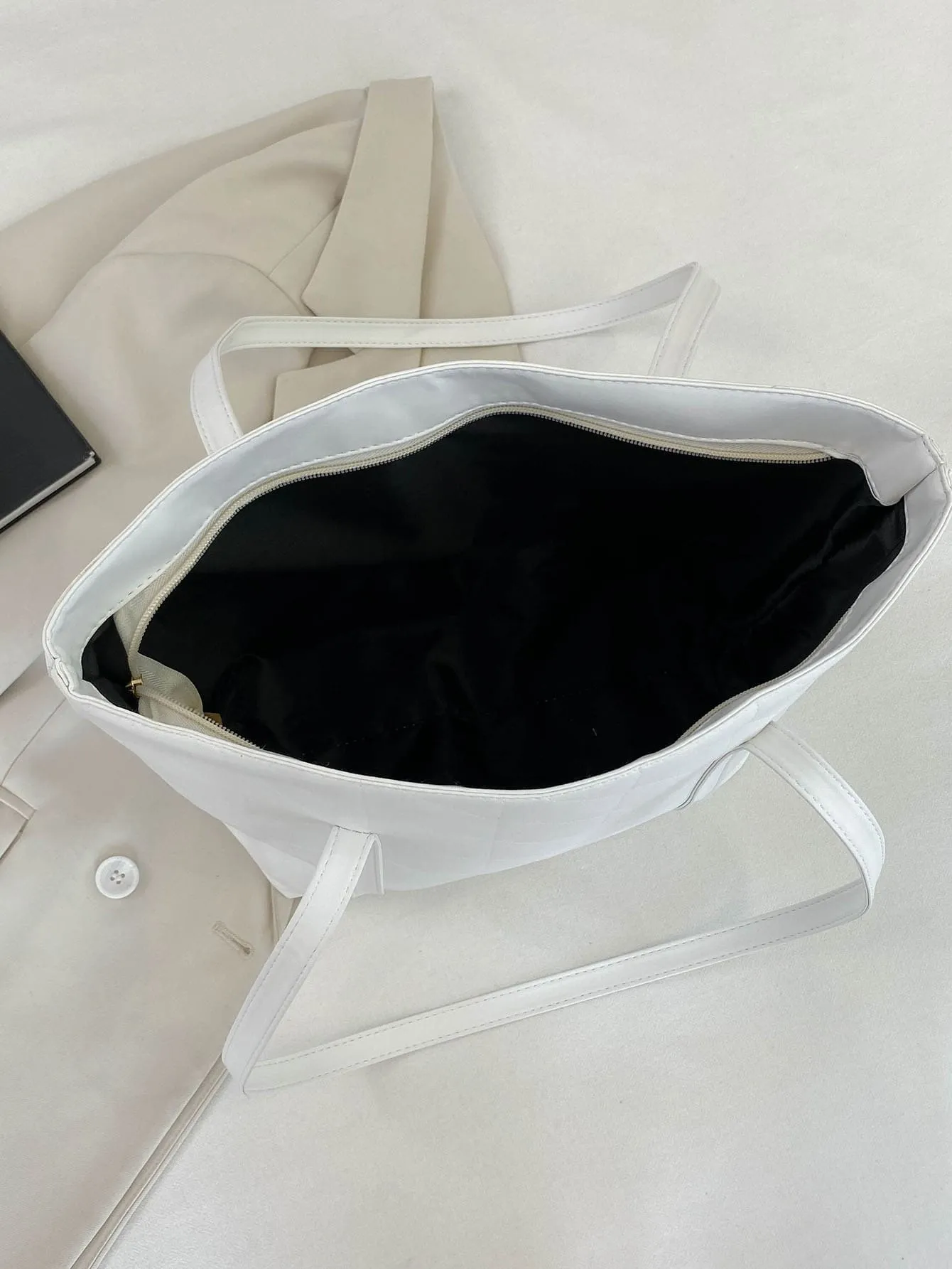 Geometric Embossed Shoulder Tote Bag - White