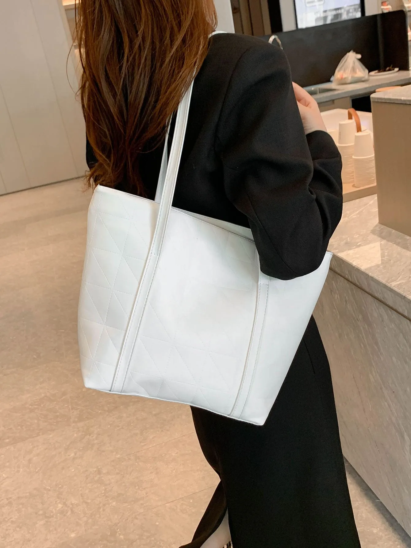 Geometric Embossed Shoulder Tote Bag - White