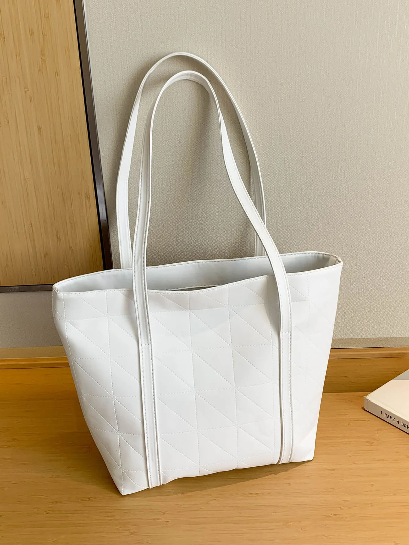 Geometric Embossed Shoulder Tote Bag - White