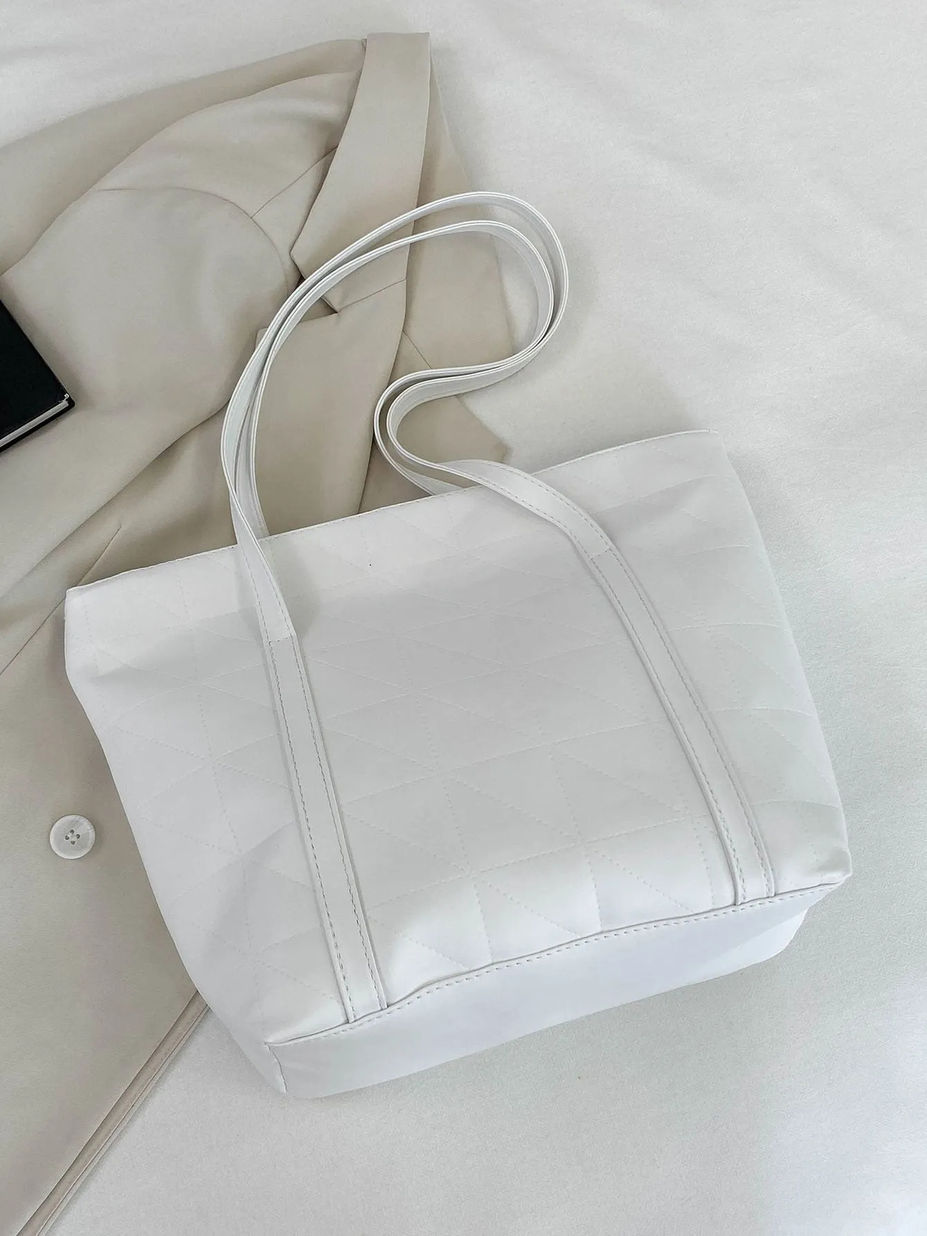 Geometric Embossed Shoulder Tote Bag - White