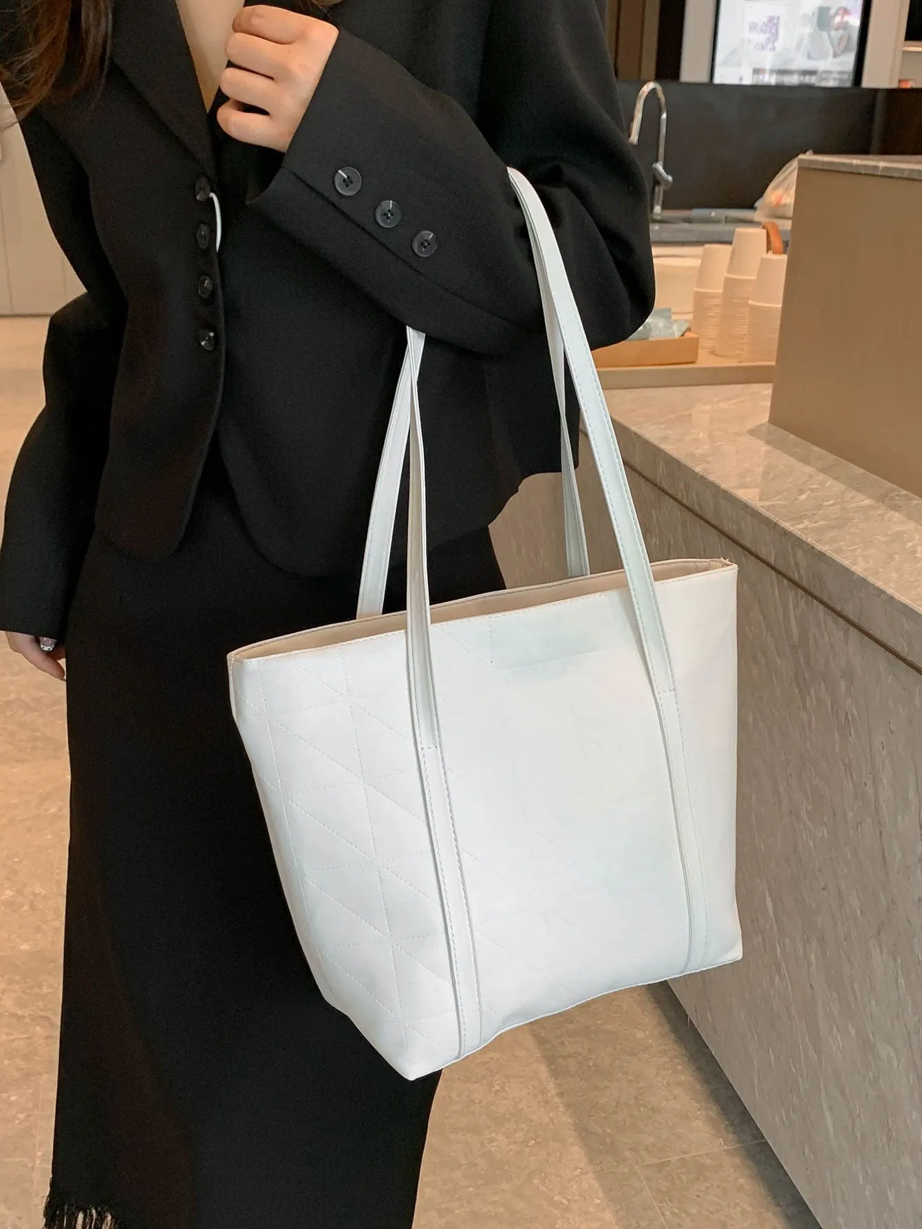 Geometric Embossed Shoulder Tote Bag - White