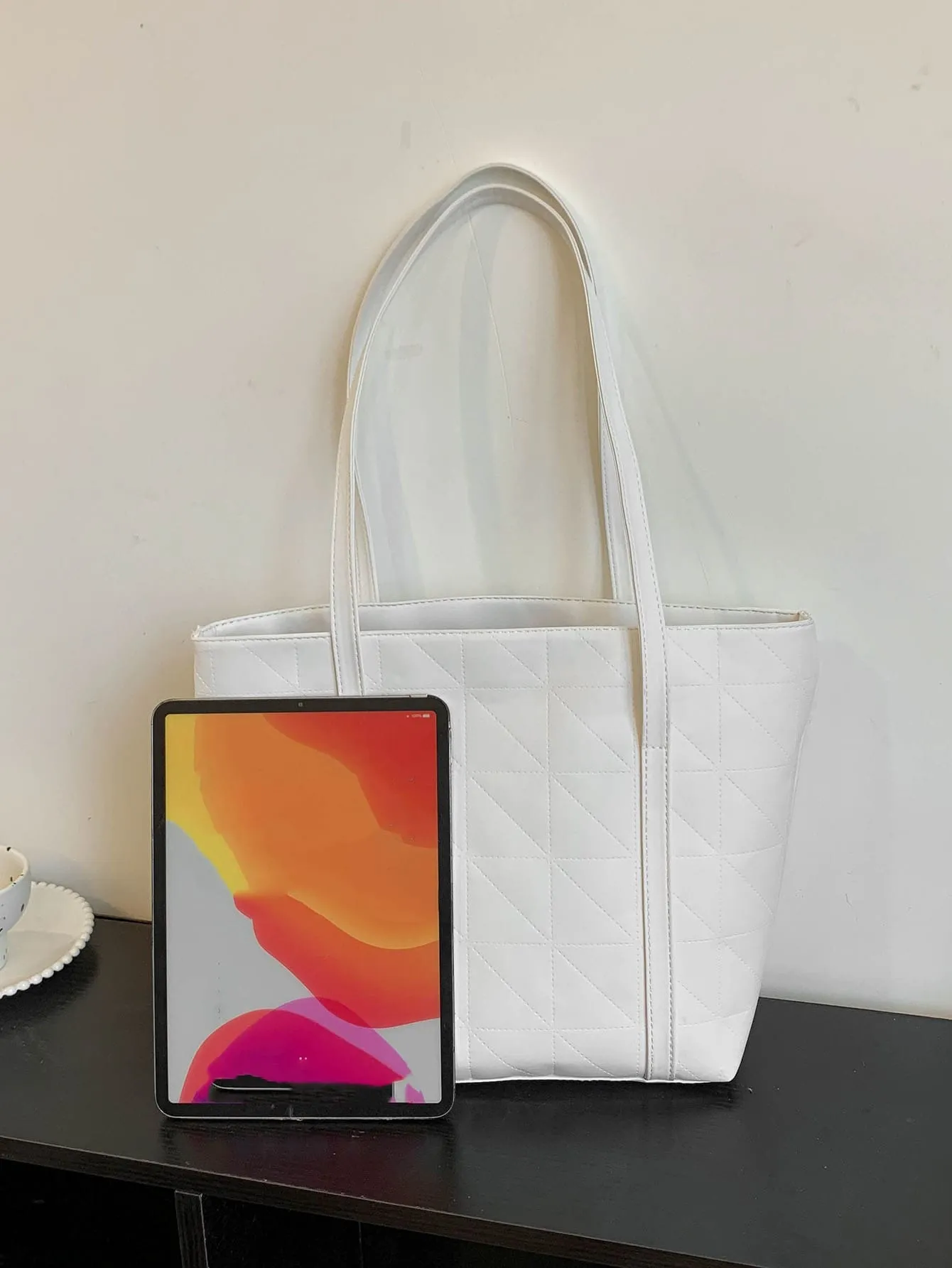 Geometric Embossed Shoulder Tote Bag - White