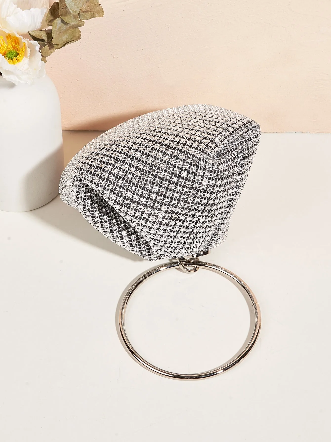 Glitter Clutch Rhinestone Decor Evening Bag - Silver