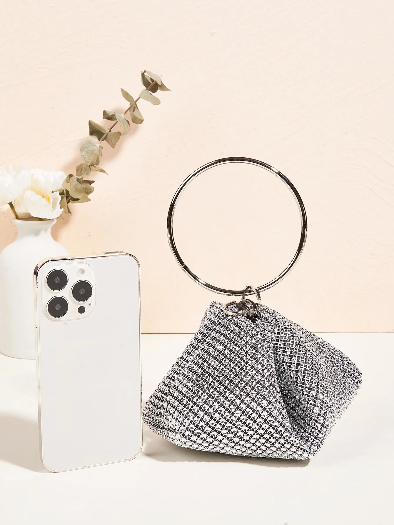 Glitter Clutch Rhinestone Decor Evening Bag - Silver