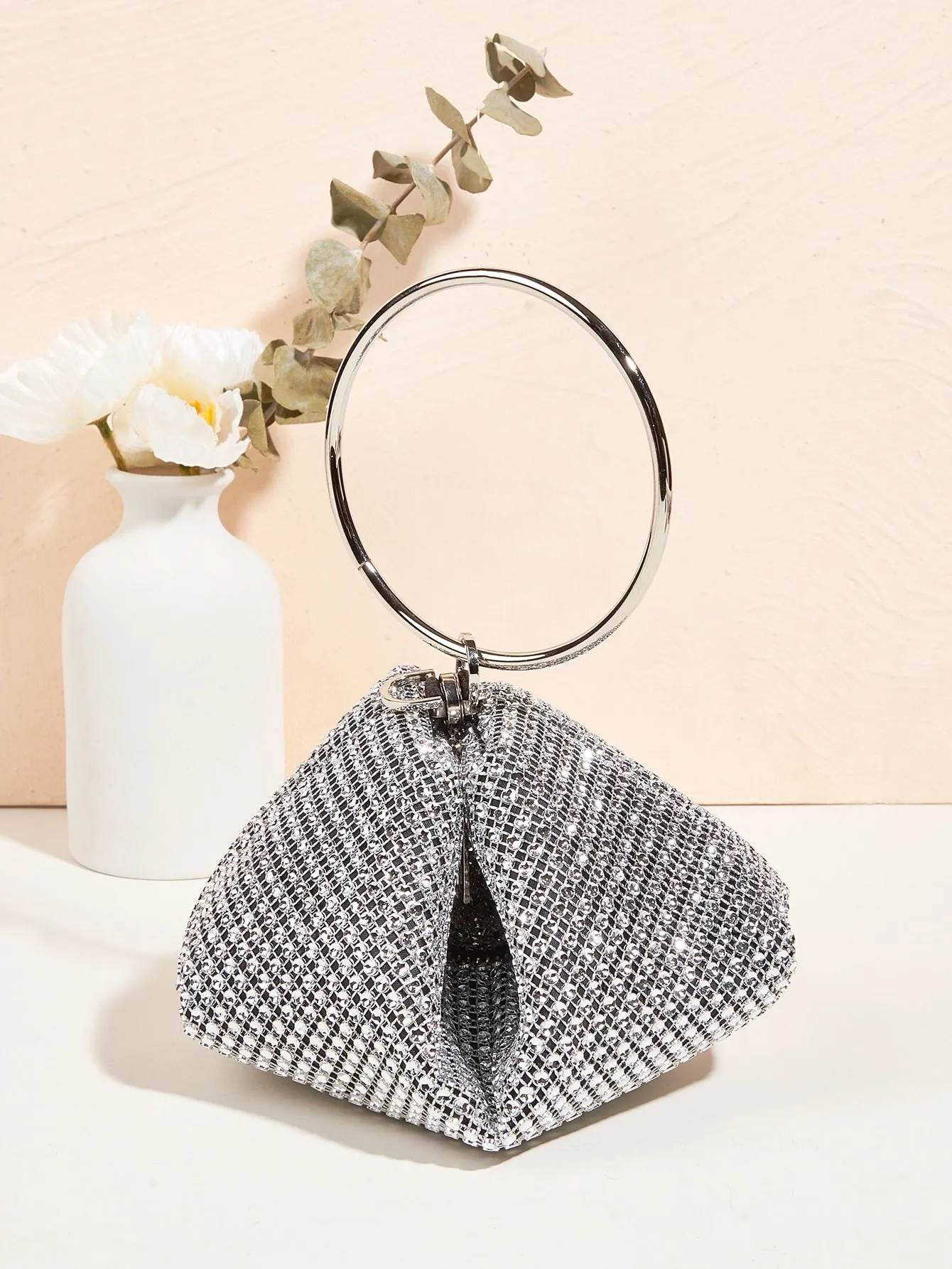 Glitter Clutch Rhinestone Decor Evening Bag - Silver