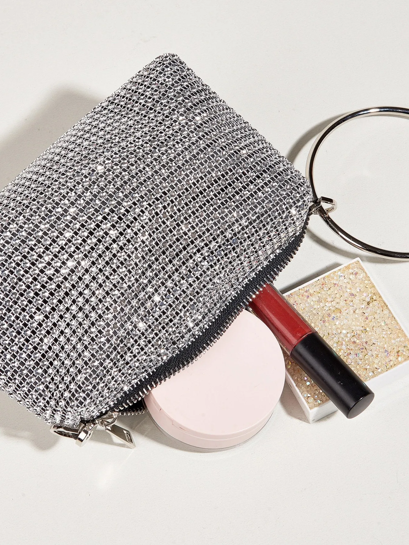 Glitter Clutch Rhinestone Decor Evening Bag - Silver