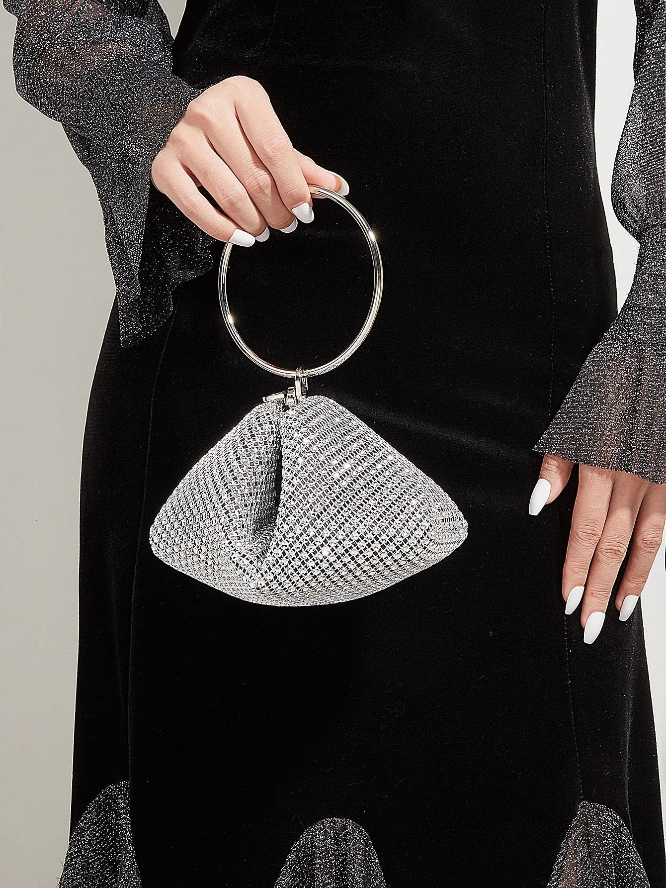 Glitter Clutch Rhinestone Decor Evening Bag - Silver