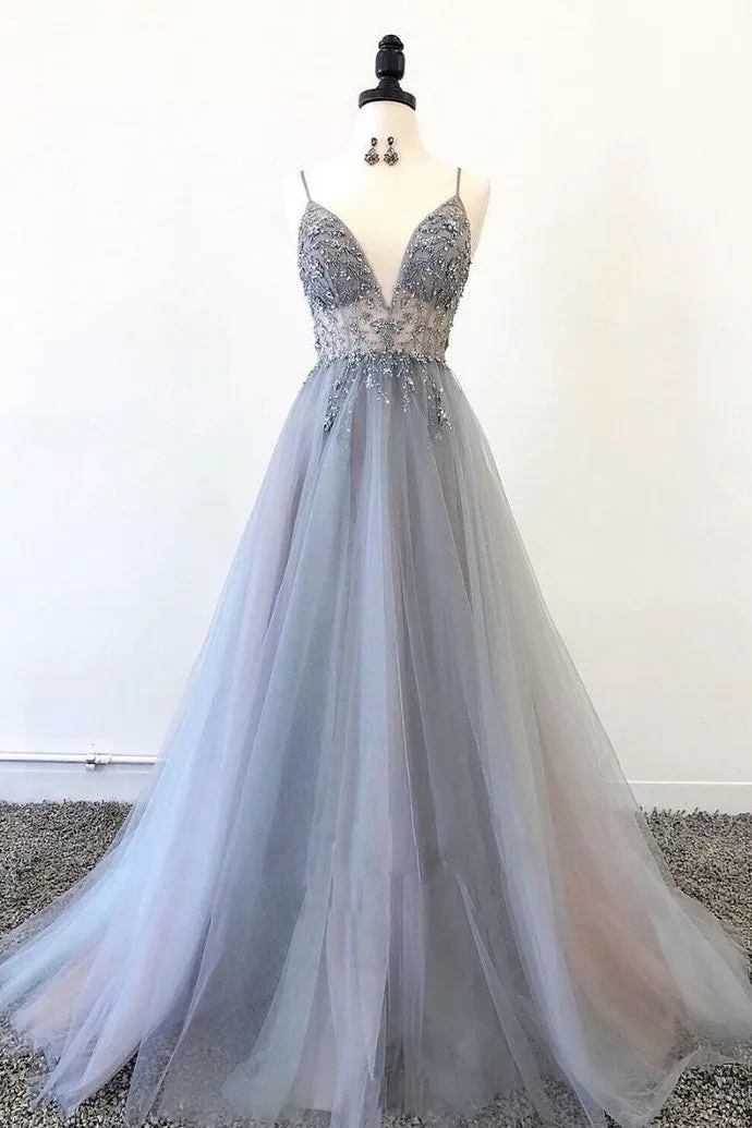 Gray Spaghetti Straps Beaded Tulle A-line Prom Dress Evening Party Dress OKS52