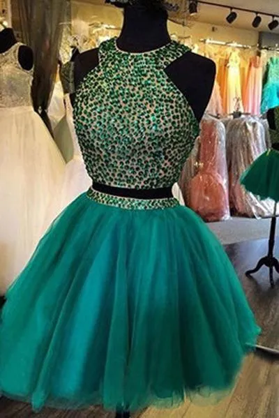 Green Beaded Two Pieces Tulle Bodice Boho Homecoming Dresses for Girls, MH400