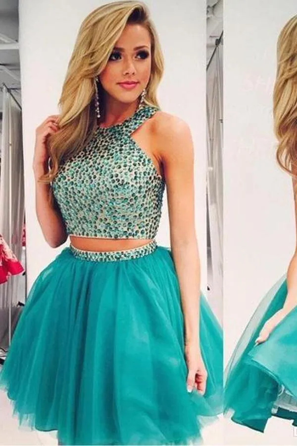 Green Beaded Two Pieces Tulle Bodice Boho Homecoming Dresses for Girls, MH400