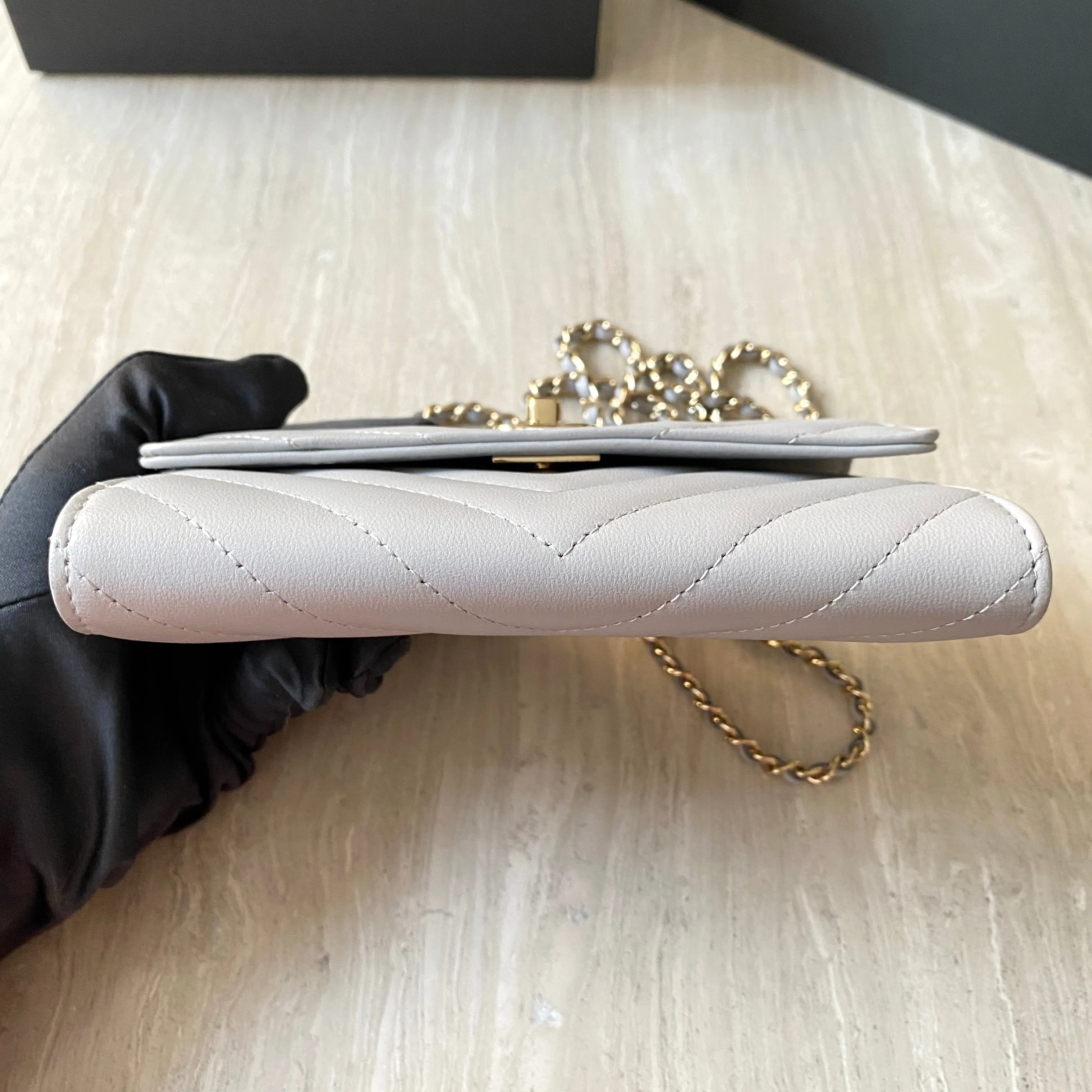 Grey Lambskin Chevron Trendy CC Mini Wallet On Chain WOC