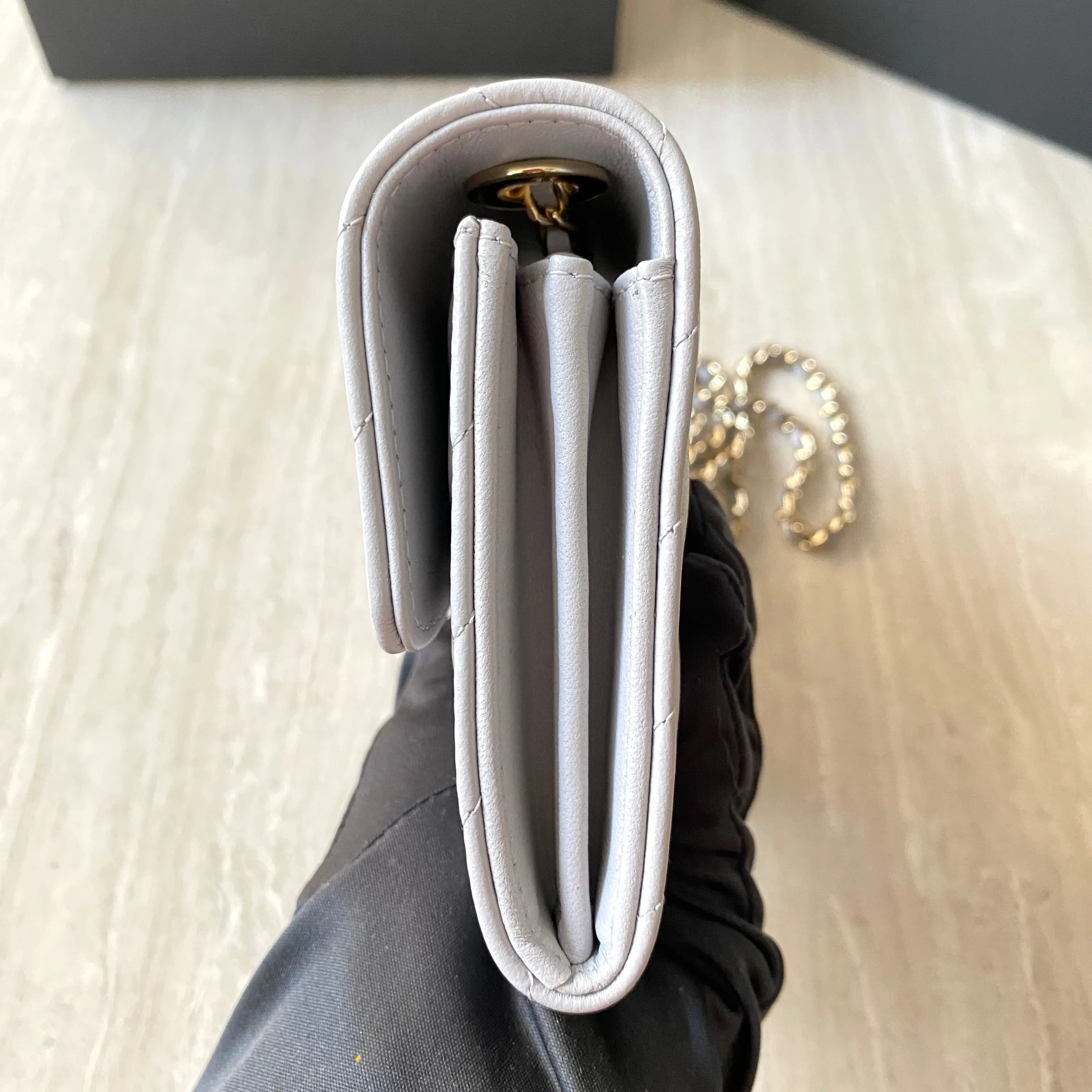 Grey Lambskin Chevron Trendy CC Mini Wallet On Chain WOC