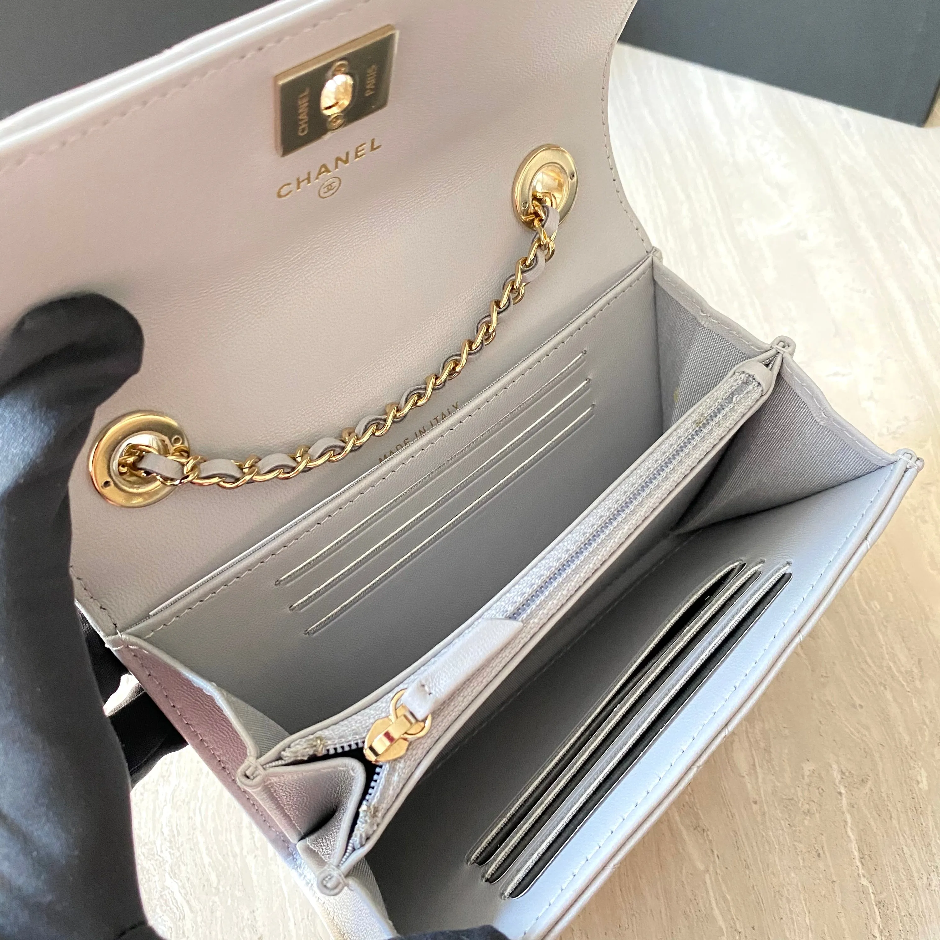Grey Lambskin Chevron Trendy CC Mini Wallet On Chain WOC