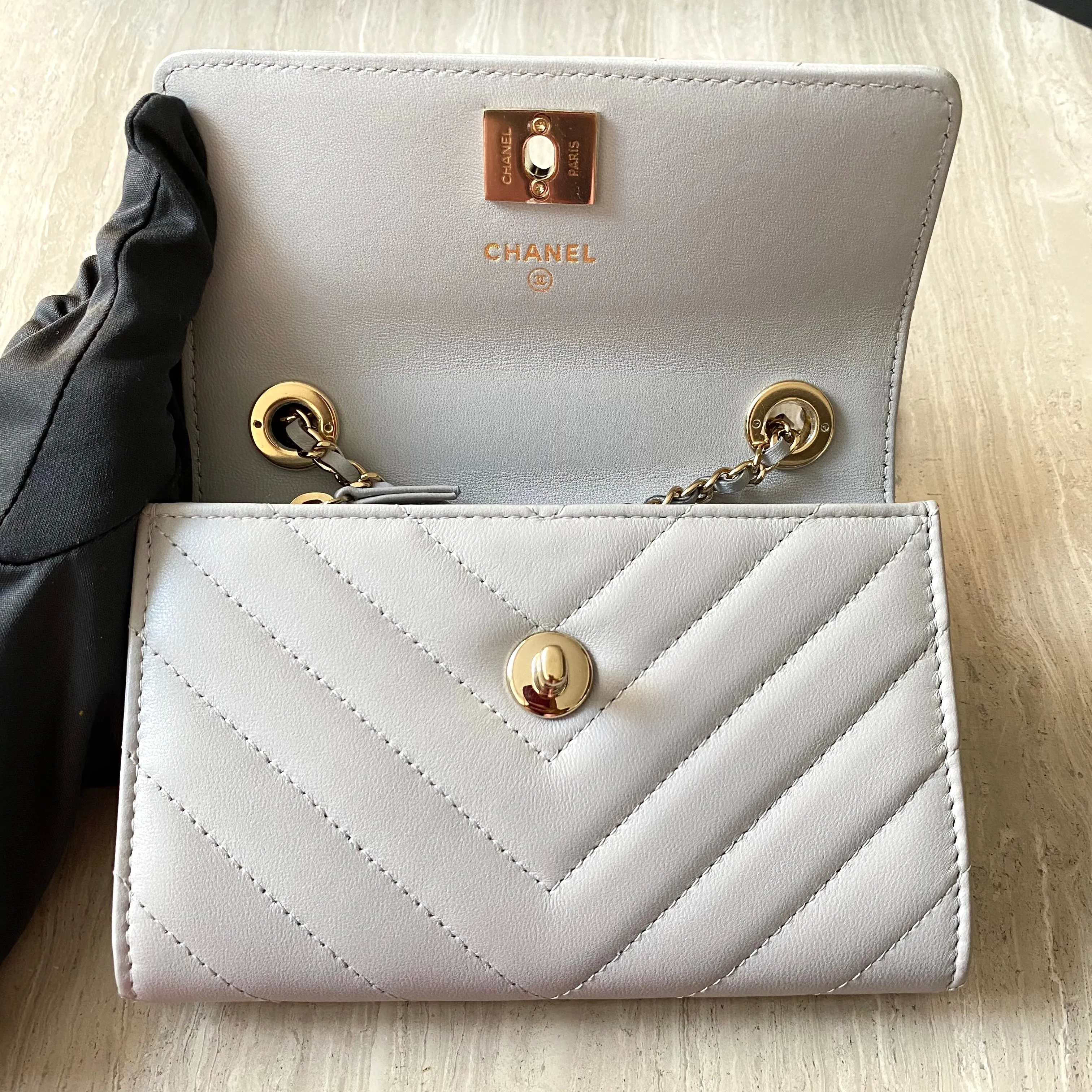 Grey Lambskin Chevron Trendy CC Mini Wallet On Chain WOC