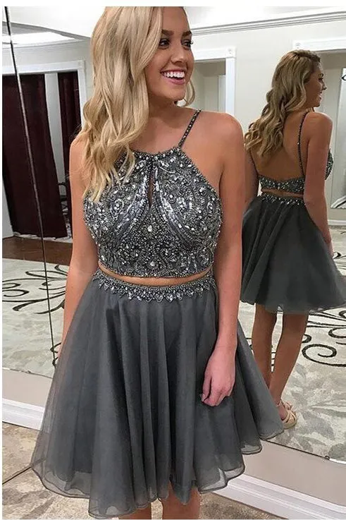 Grey Two Piece Backless Homecoming Dress,Beaded Short Prom Dress OKC27