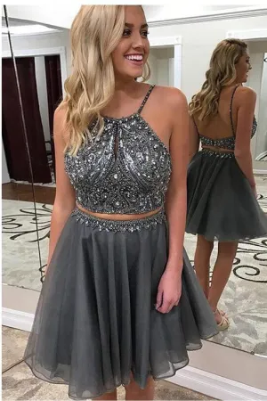 Grey Two Piece Backless Homecoming Dress,Beaded Short Prom Dress OKC27