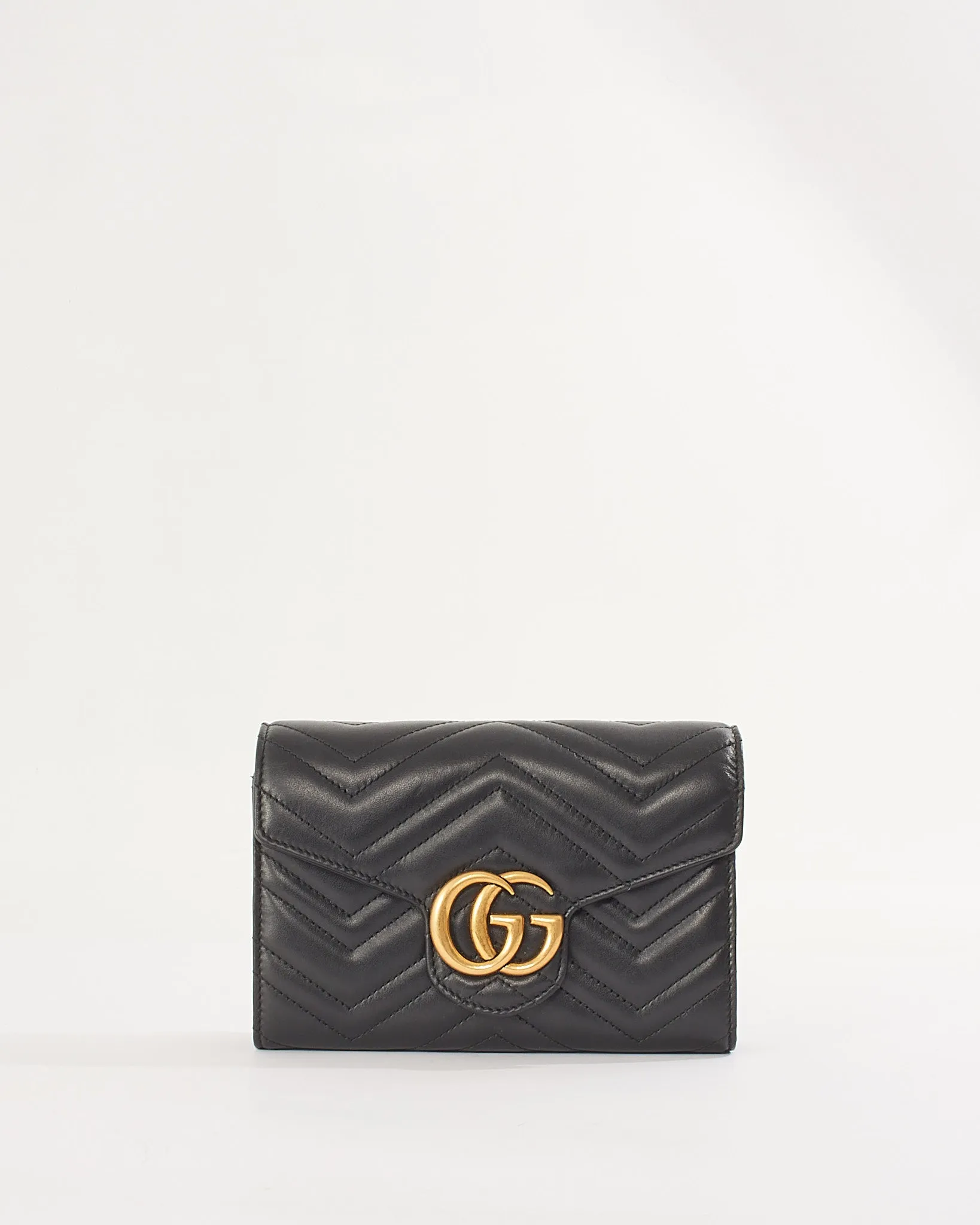Gucci Black Matelassé Chevron Leather GG Marmont Wallet on Chain