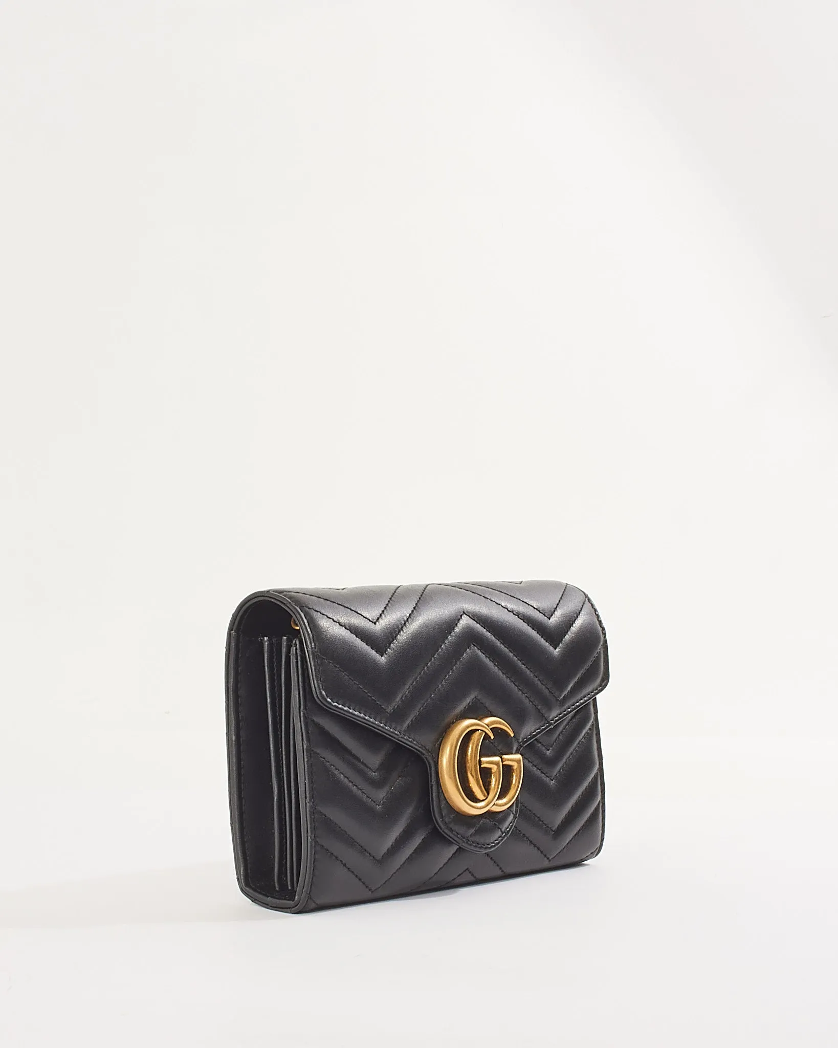 Gucci Black Matelassé Chevron Leather GG Marmont Wallet on Chain