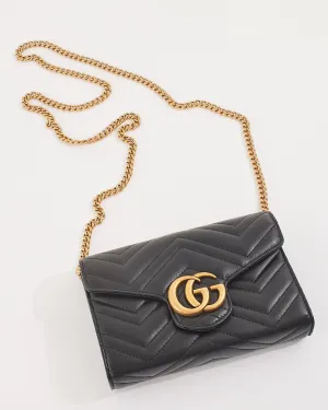 Gucci Black Matelassé Chevron Leather GG Marmont Wallet on Chain