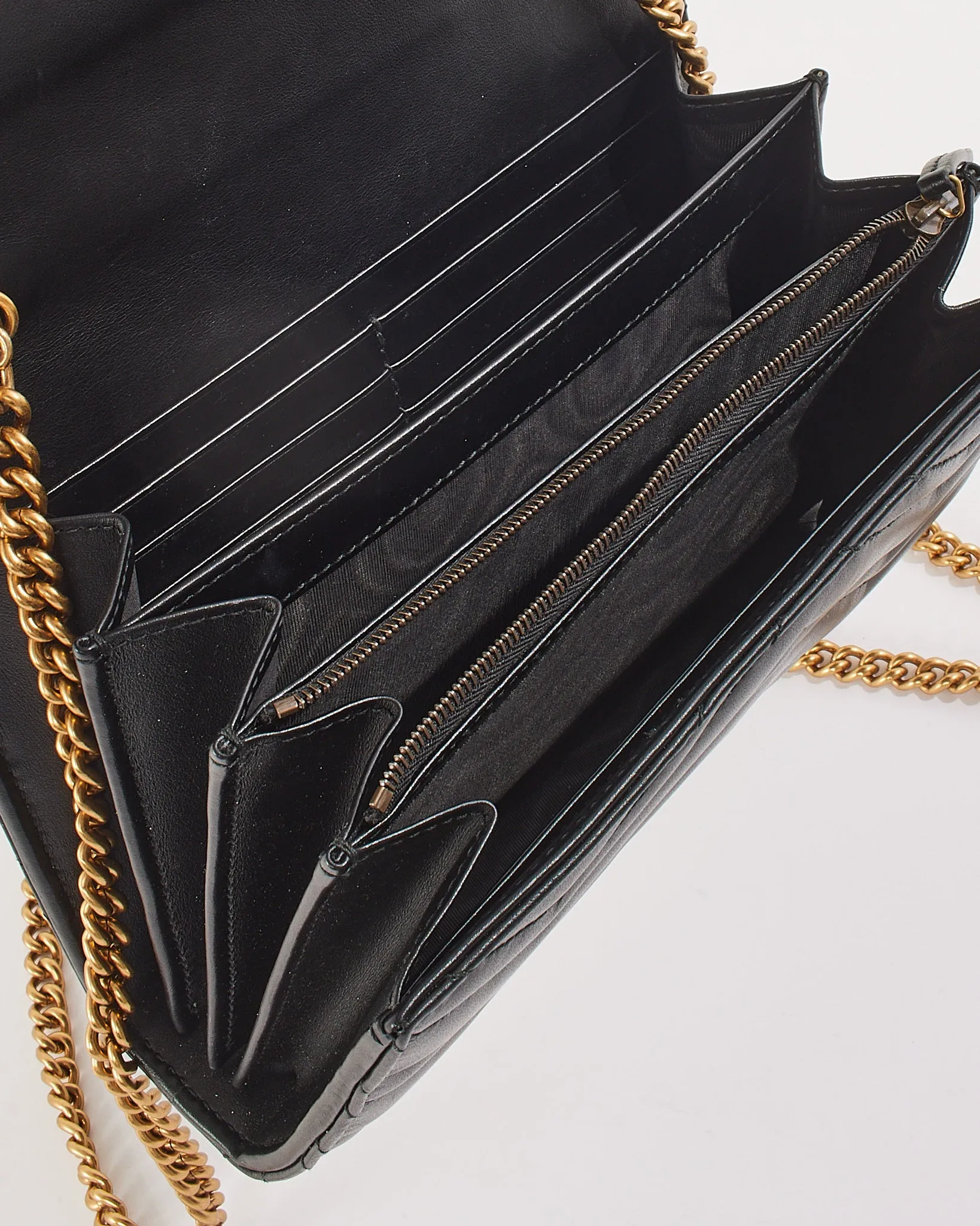 Gucci Black Matelassé Chevron Leather GG Marmont Wallet on Chain