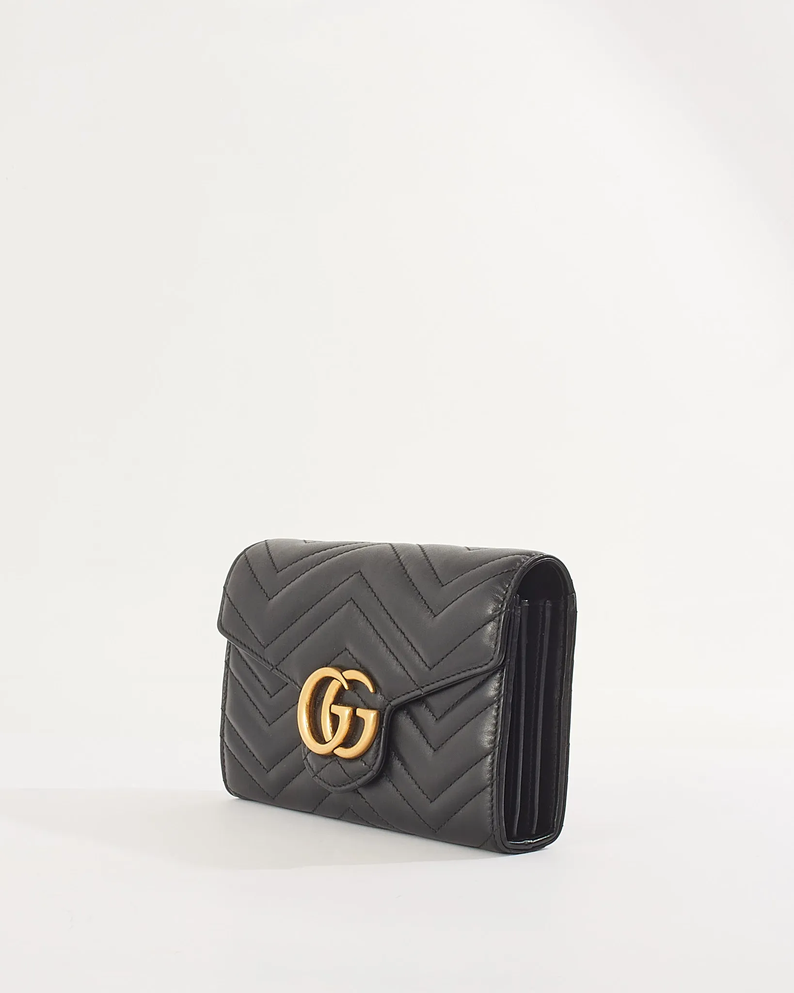 Gucci Black Matelassé Chevron Leather GG Marmont Wallet on Chain