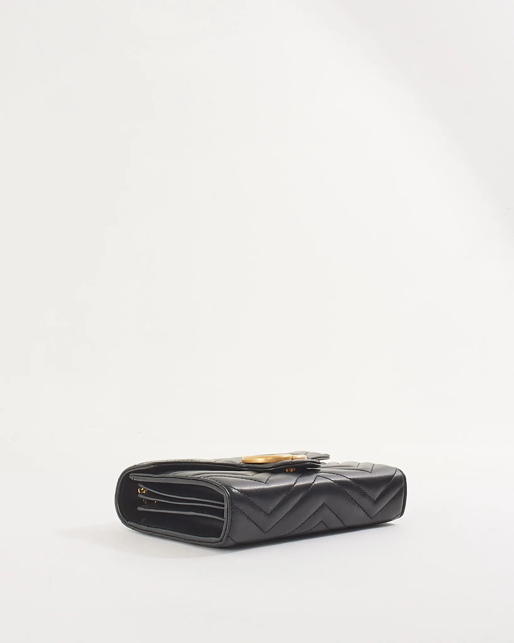 Gucci Black Matelassé Chevron Leather GG Marmont Wallet on Chain