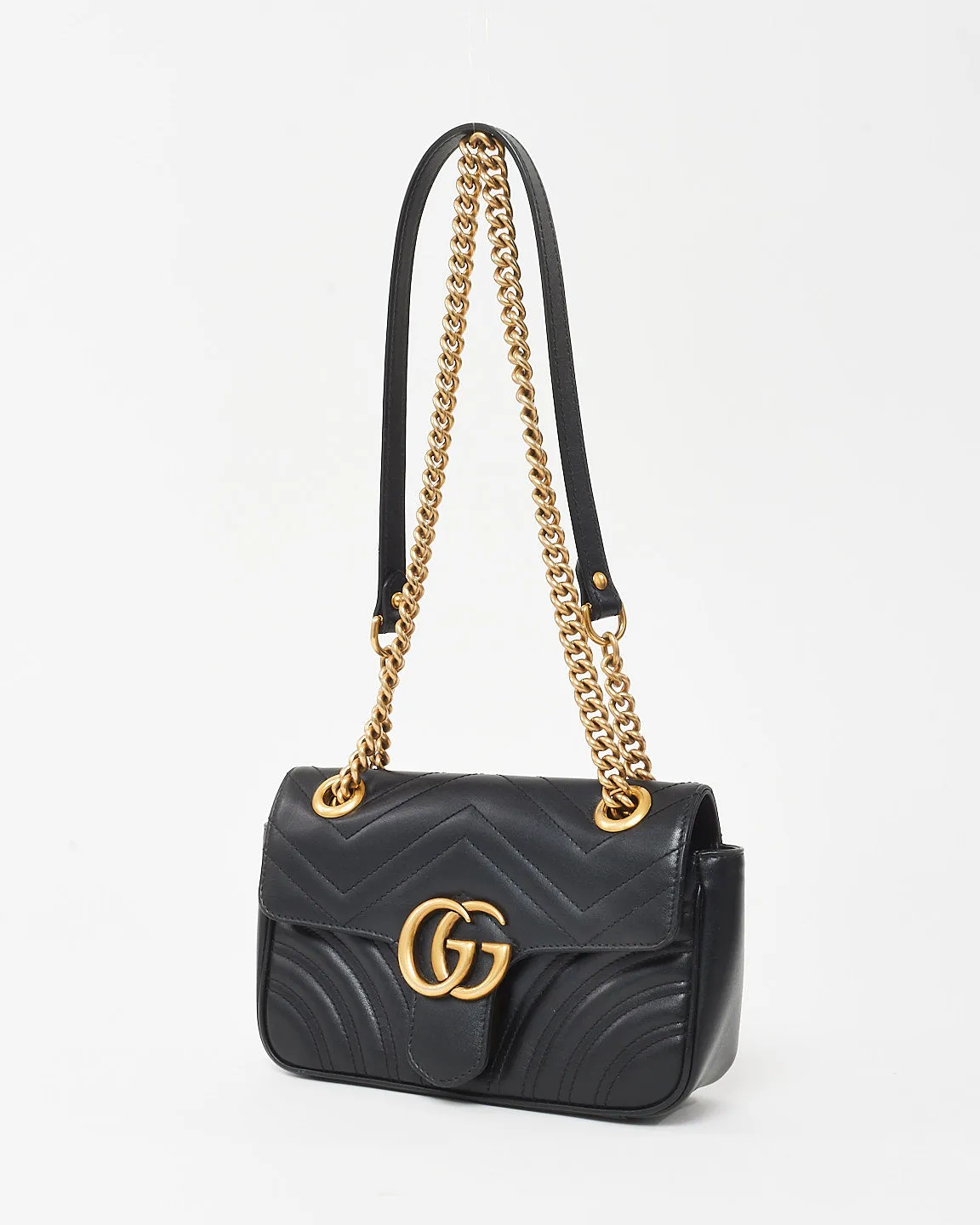 Gucci Black Matelassé Chevron Leather Small GG Marmont Shoulder Bag