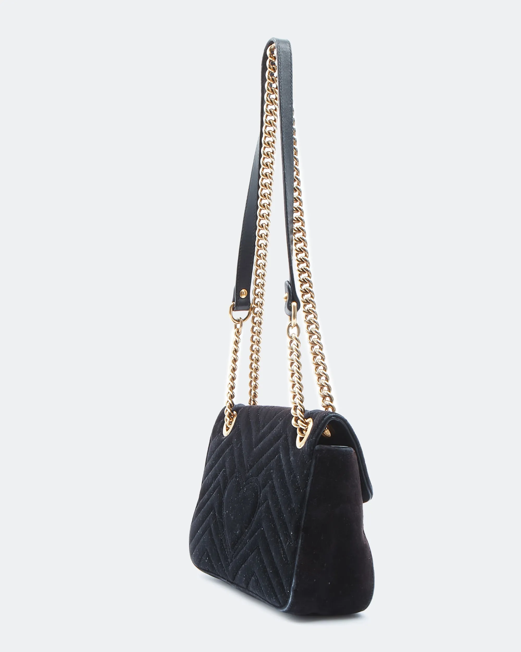 Gucci Black Velvet Matelasse Marmont GG Medium Chain Bag