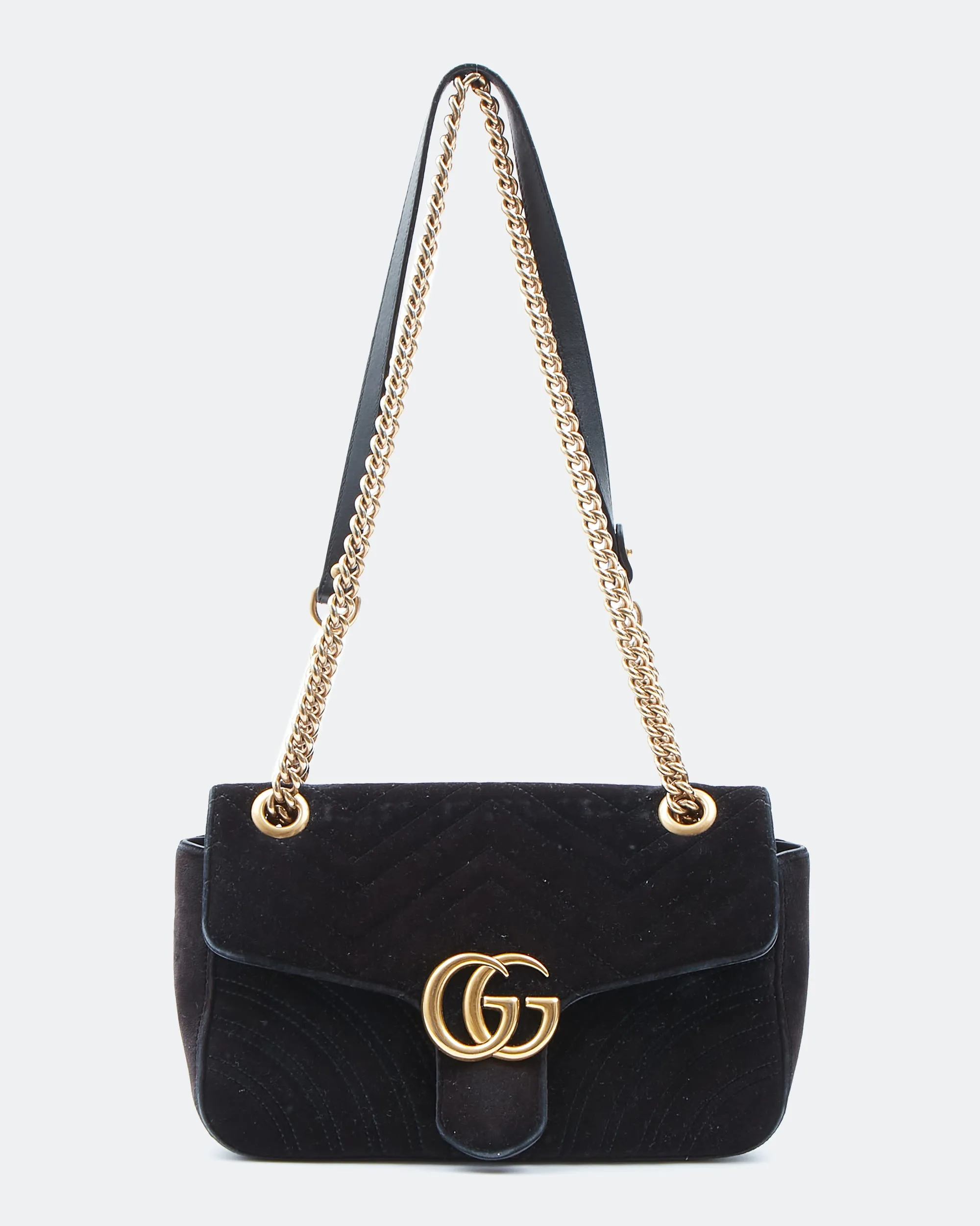 Gucci Black Velvet Matelasse Marmont GG Medium Chain Bag