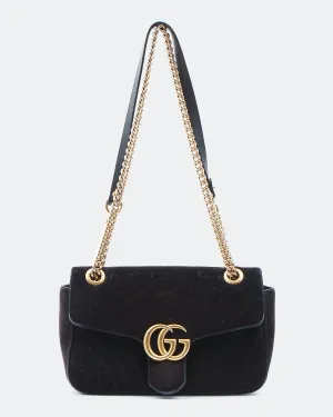 Gucci Black Velvet Matelasse Marmont GG Medium Chain Bag