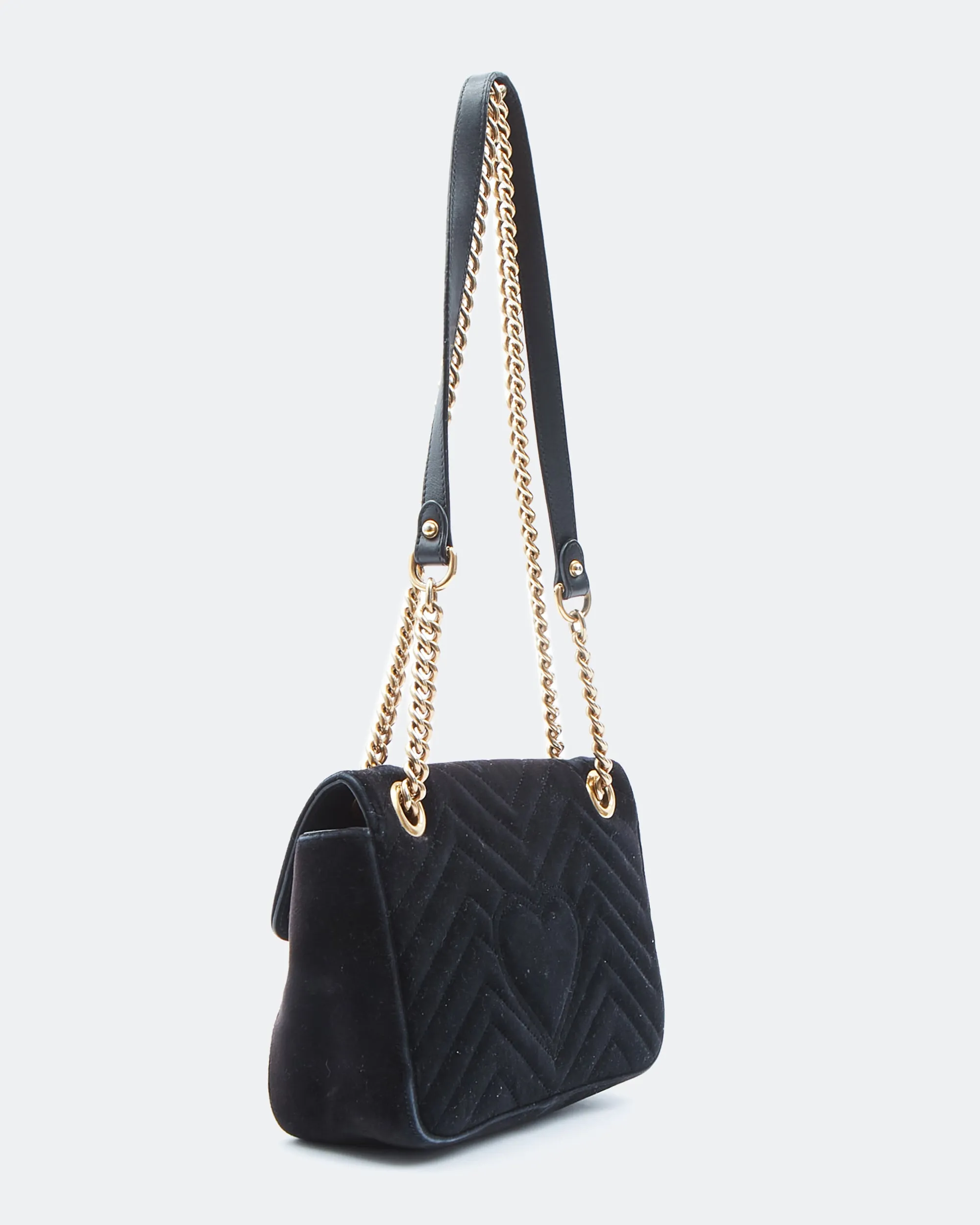 Gucci Black Velvet Matelasse Marmont GG Medium Chain Bag