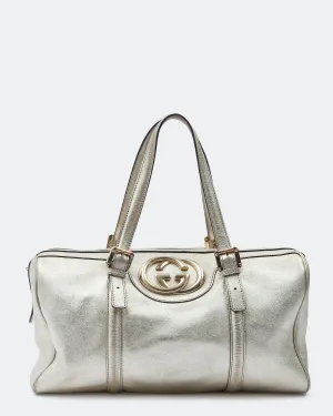 Gucci Gold Metallic Leather GG Logo Medium Britt Boston Bag
