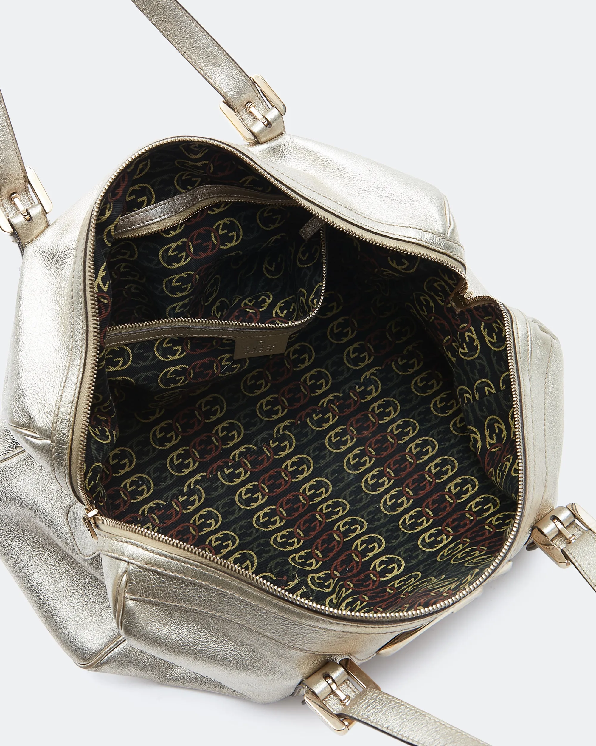 Gucci Gold Metallic Leather GG Logo Medium Britt Boston Bag