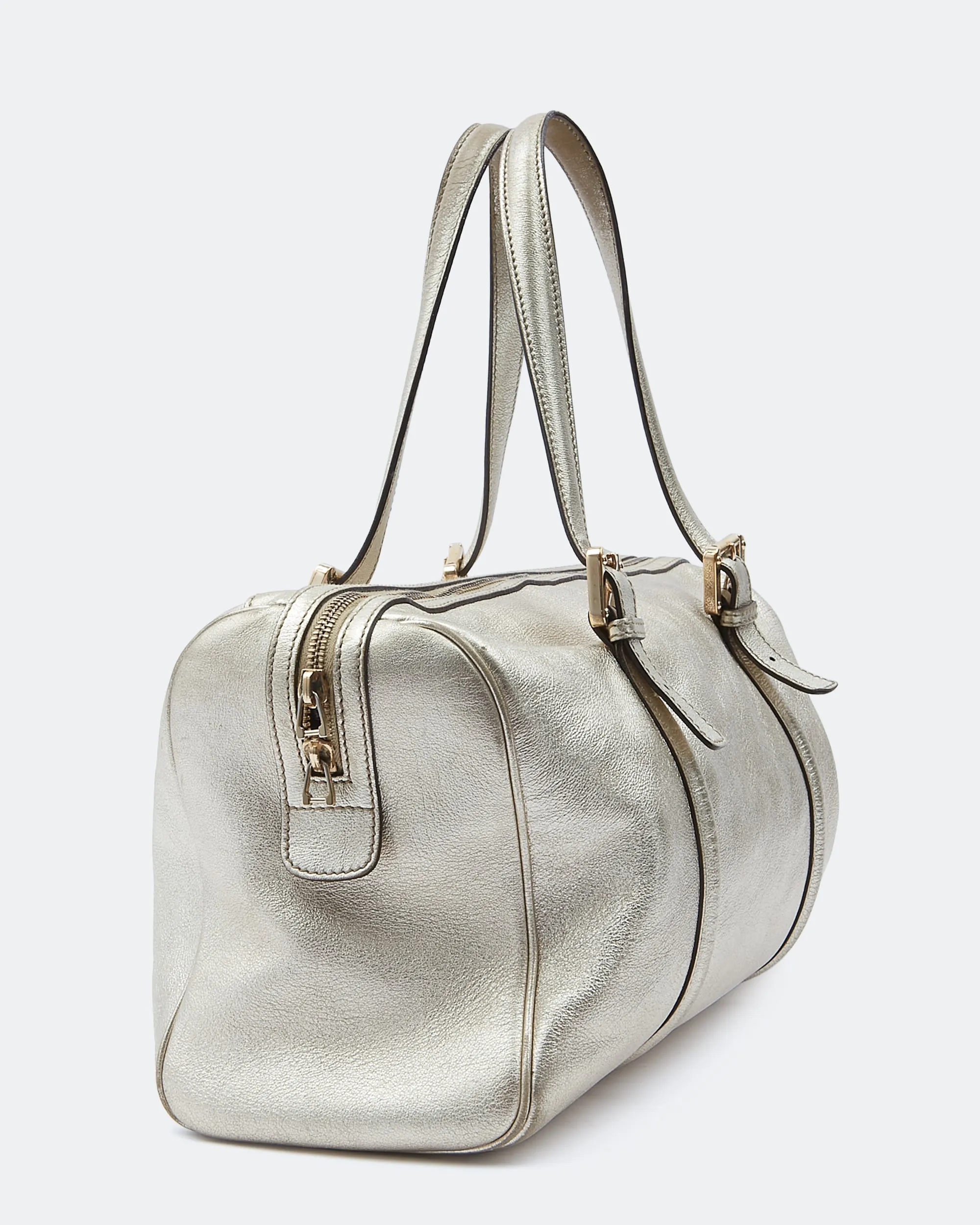 Gucci Gold Metallic Leather GG Logo Medium Britt Boston Bag