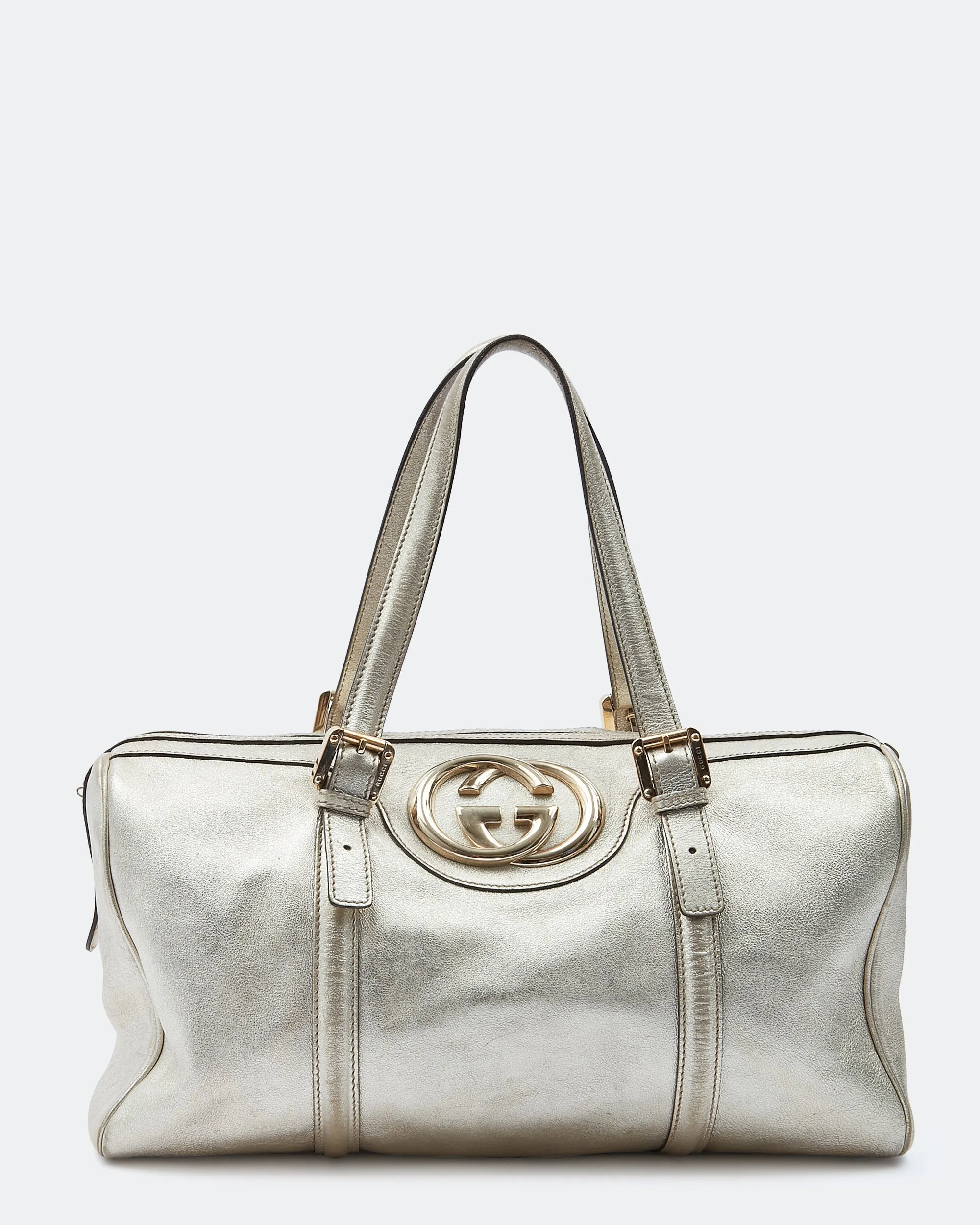Gucci Gold Metallic Leather GG Logo Medium Britt Boston Bag