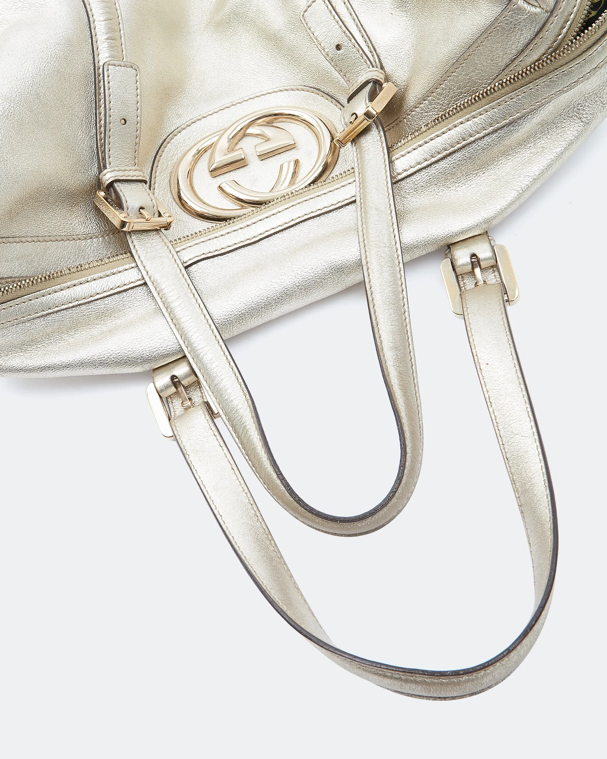 Gucci Gold Metallic Leather GG Logo Medium Britt Boston Bag