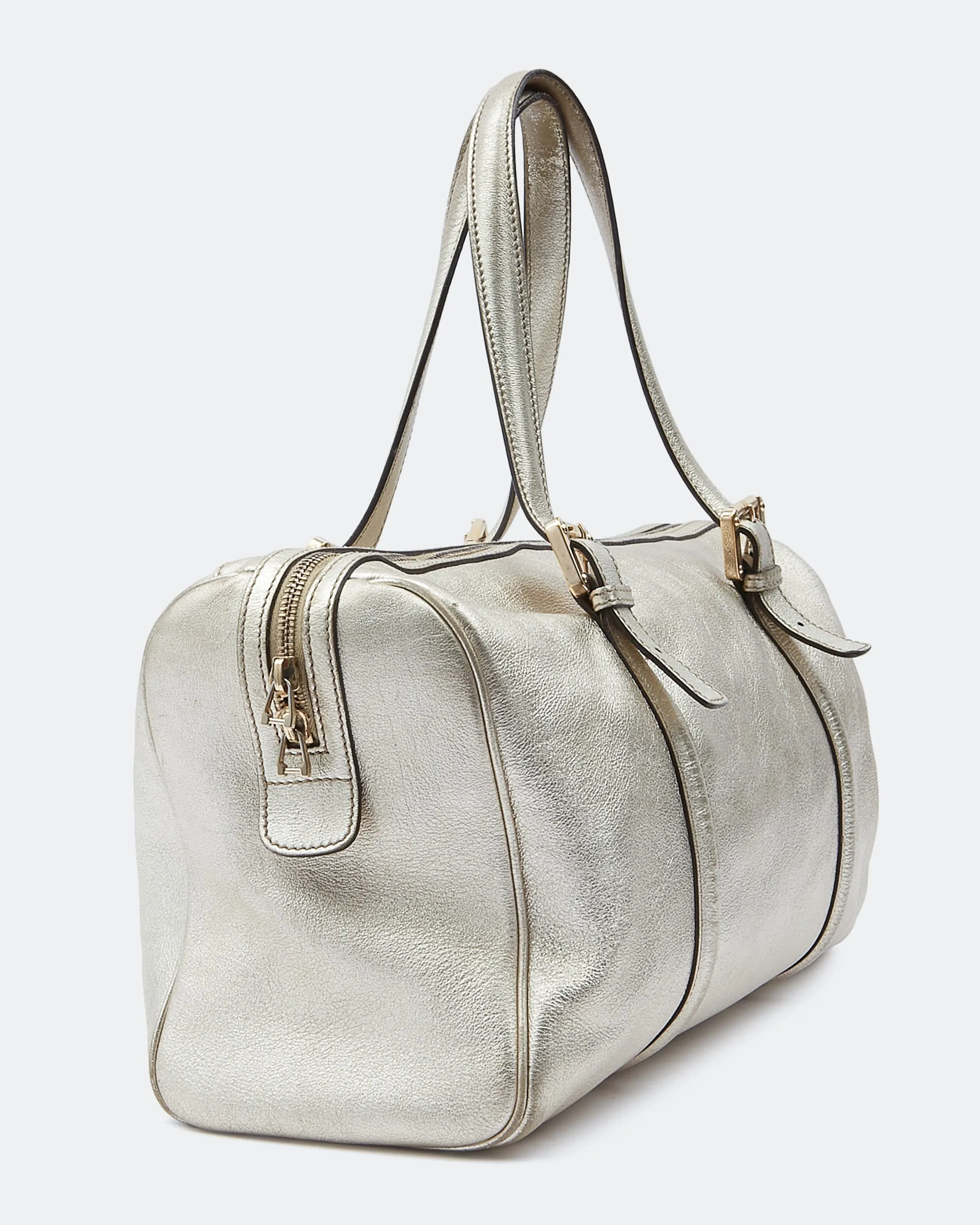 Gucci Gold Metallic Leather GG Logo Medium Britt Boston Bag