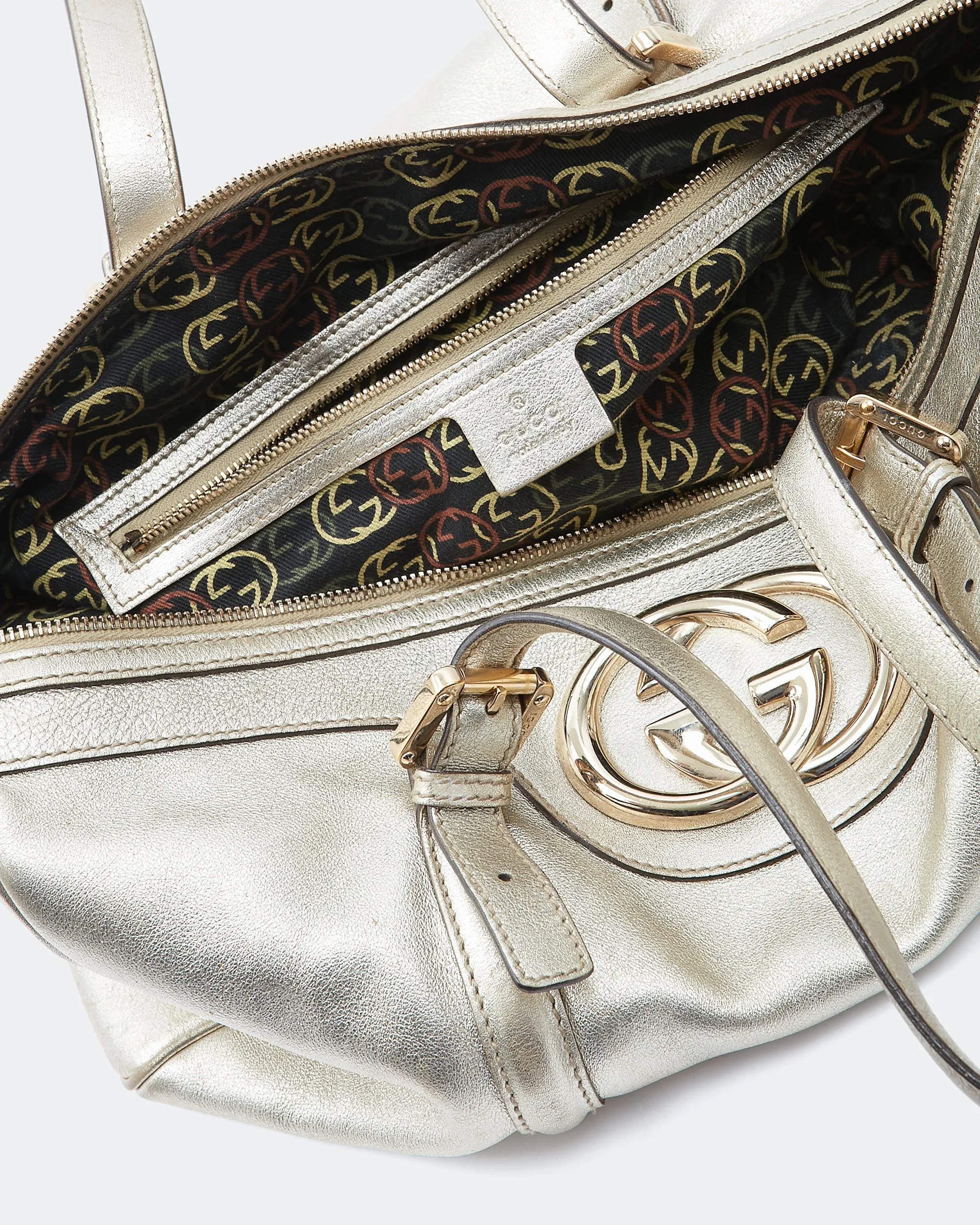 Gucci Gold Metallic Leather GG Logo Medium Britt Boston Bag