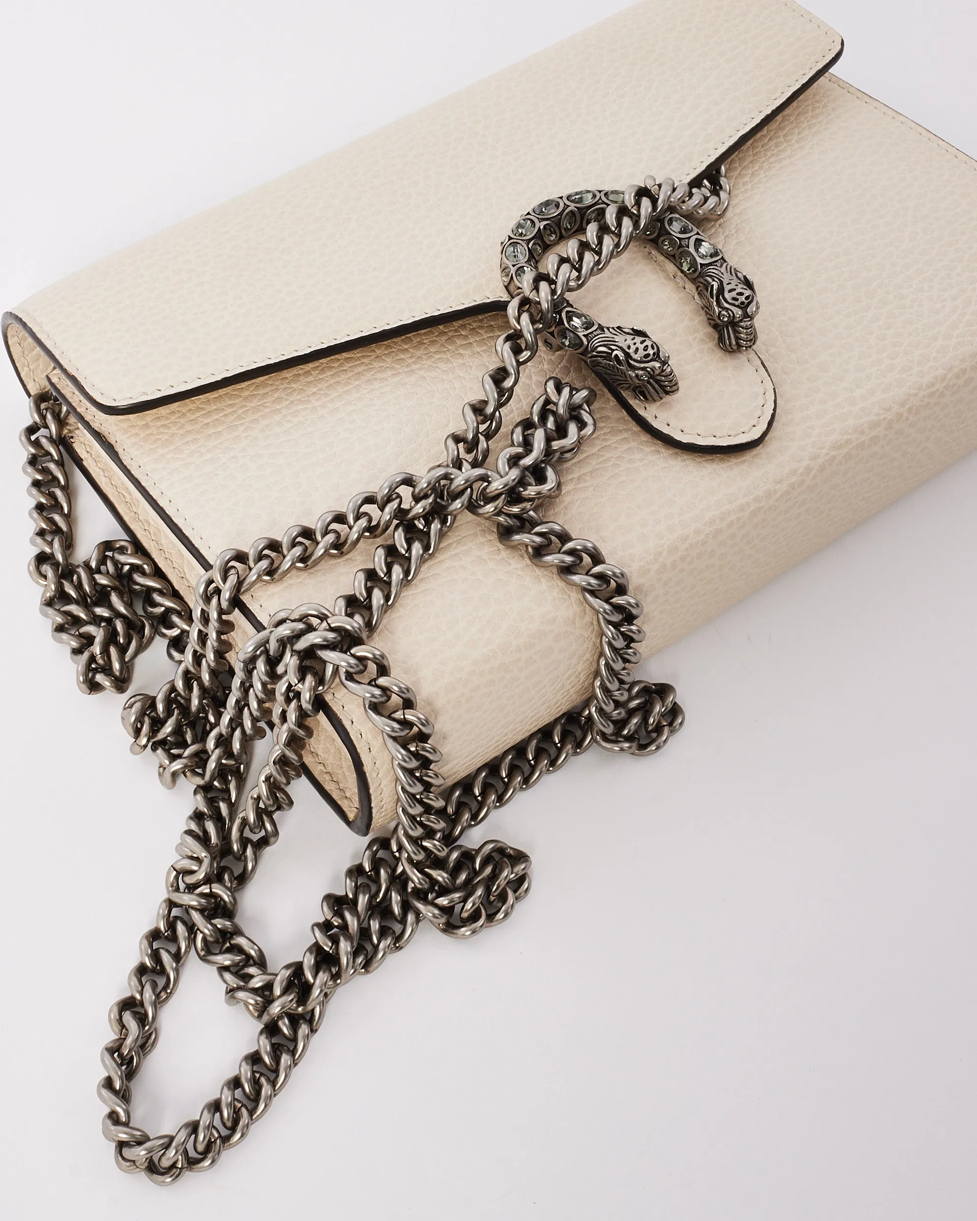 Gucci Off White Grained Leather Dionysus Mini Chain Wallet