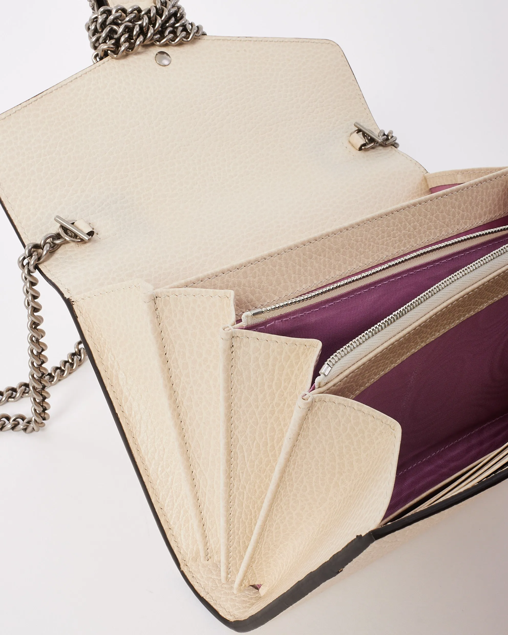Gucci Off White Grained Leather Dionysus Mini Chain Wallet