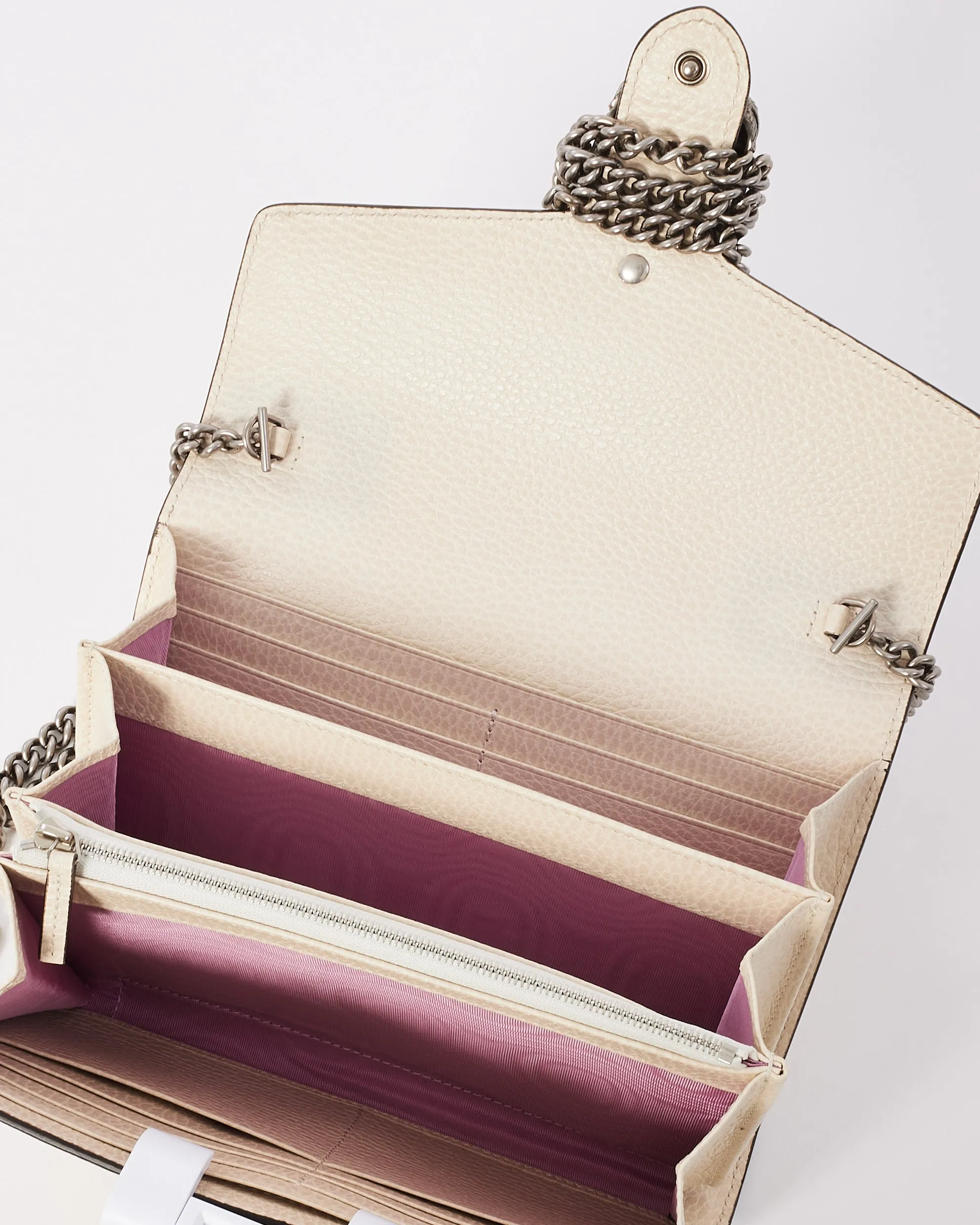 Gucci Off White Grained Leather Dionysus Mini Chain Wallet