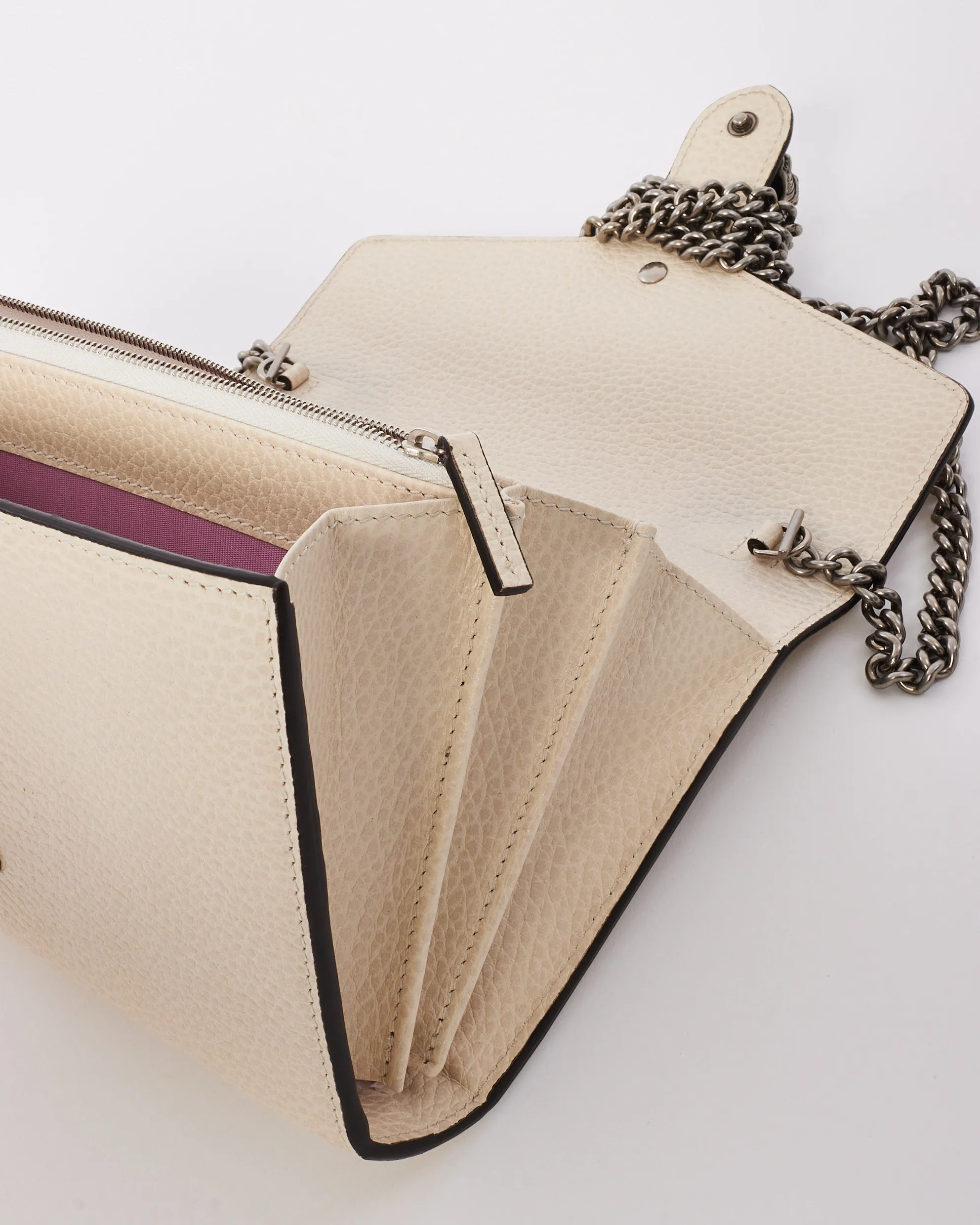 Gucci Off White Grained Leather Dionysus Mini Chain Wallet