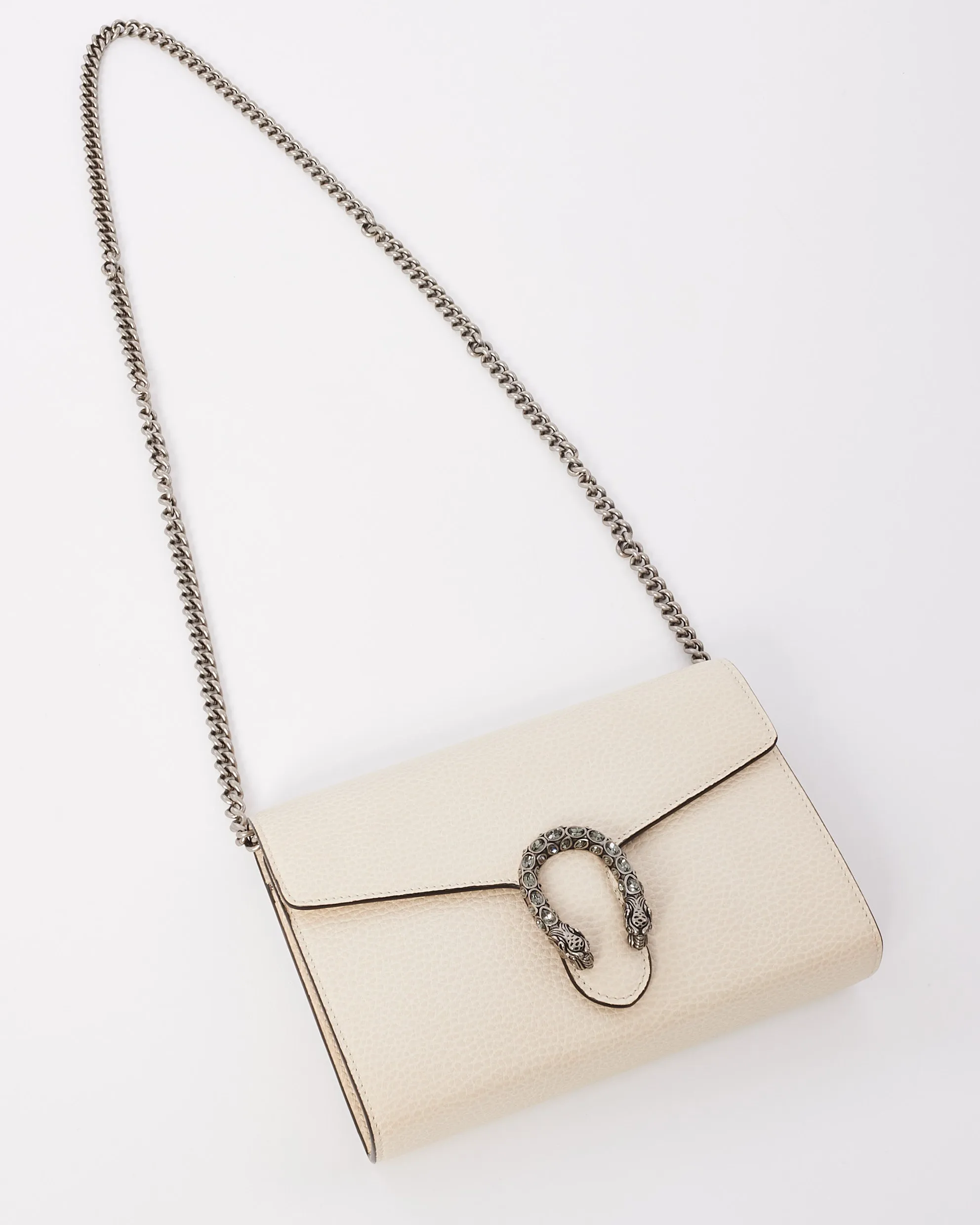 Gucci Off White Grained Leather Dionysus Mini Chain Wallet