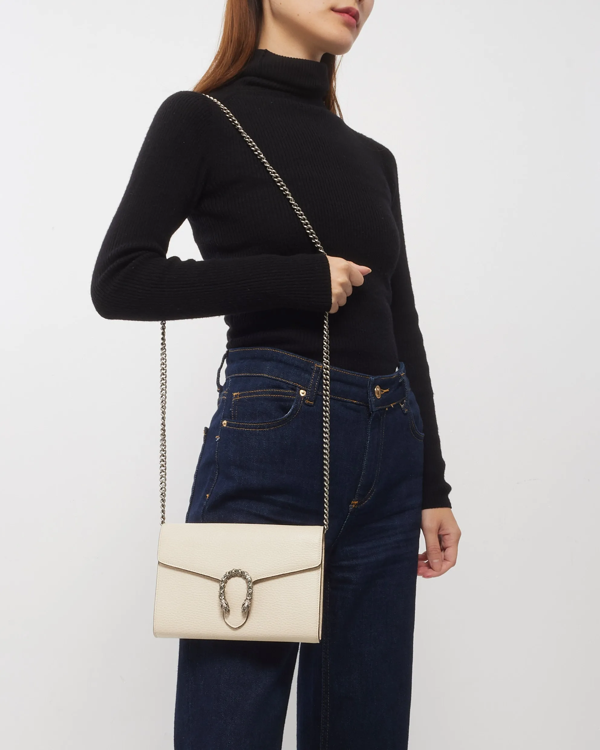 Gucci Off White Grained Leather Dionysus Mini Chain Wallet