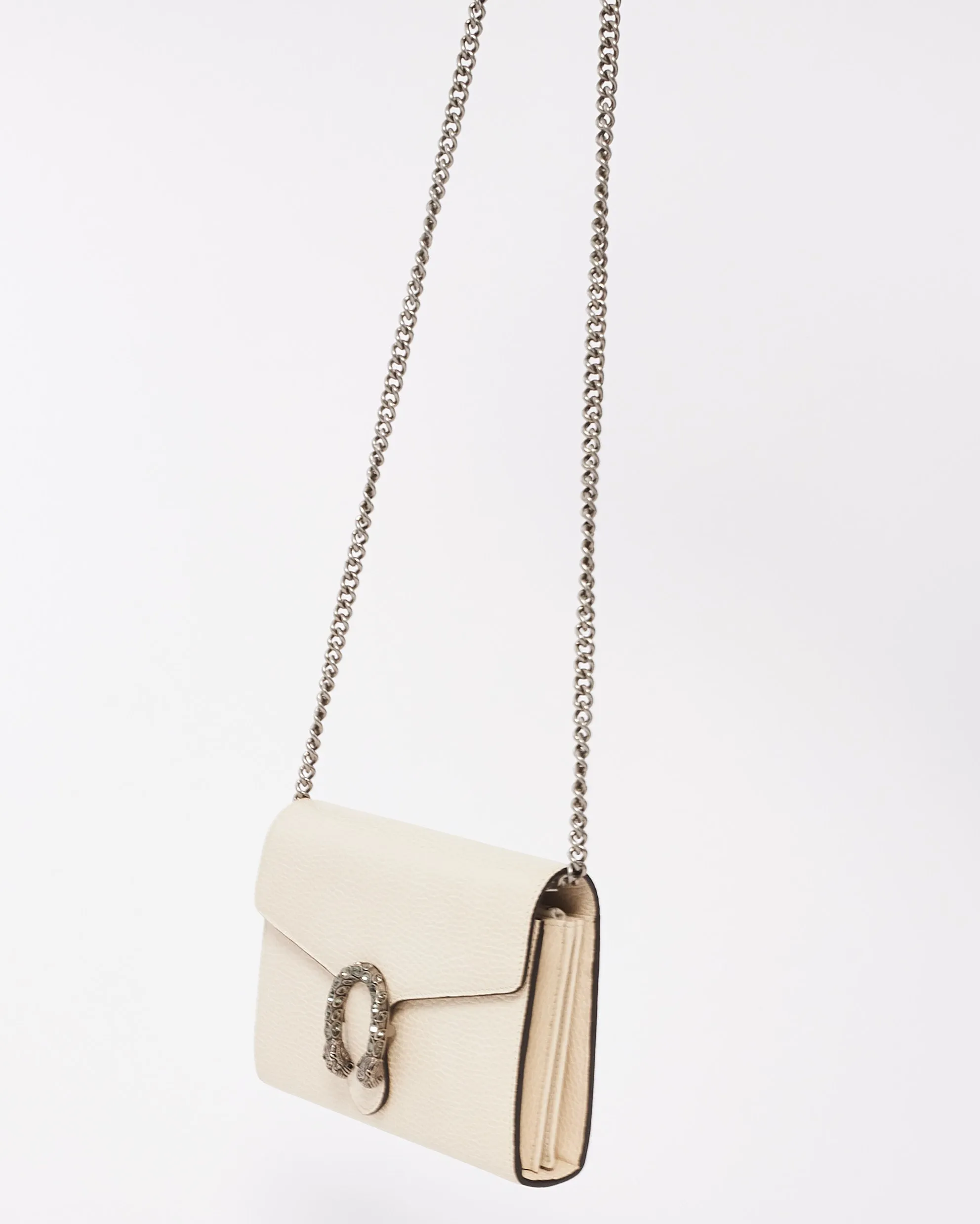 Gucci Off White Grained Leather Dionysus Mini Chain Wallet