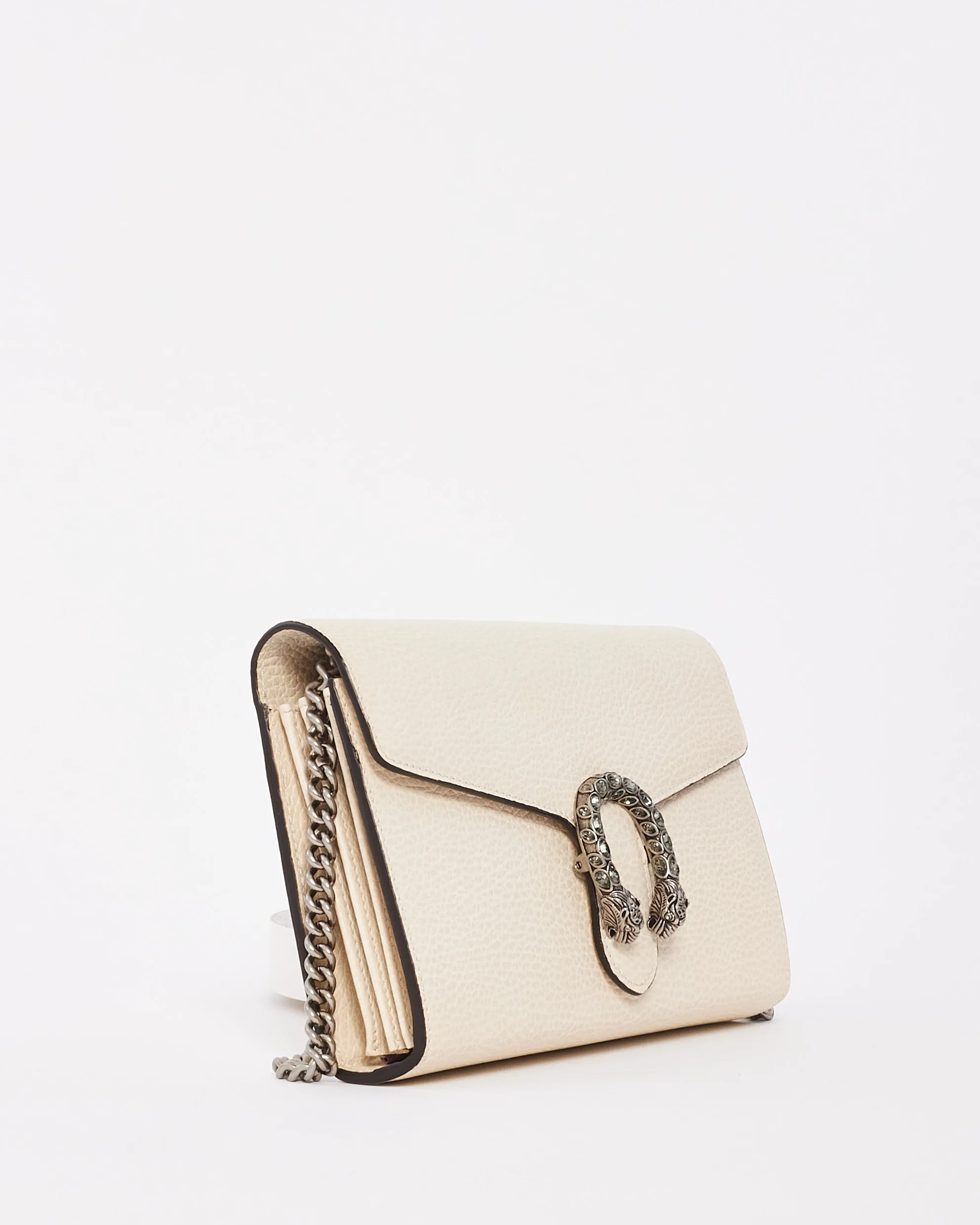 Gucci Off White Grained Leather Dionysus Mini Chain Wallet